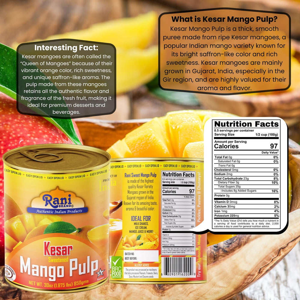 Rani Mango Pulp Puree pack of two on pantry shelf for easy shopping.