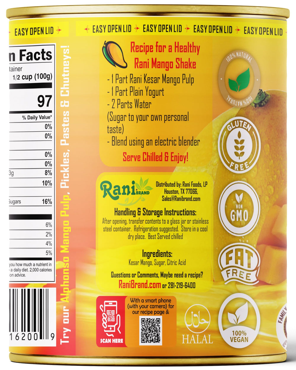 Rani Mango Pulp Puree product-shot highlights authentic Indian origin.