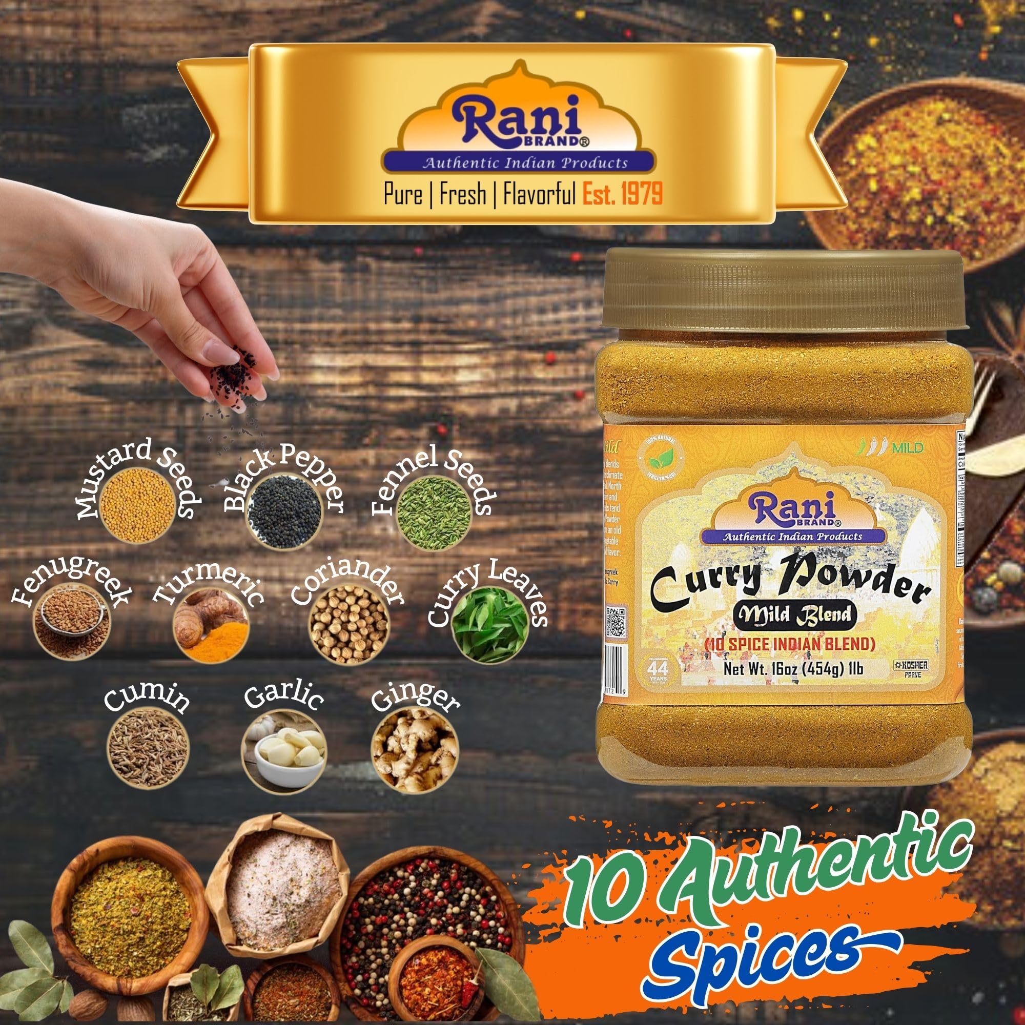 Rani Mild Curry Powder 10-spice blend captured in a scooping spoon.