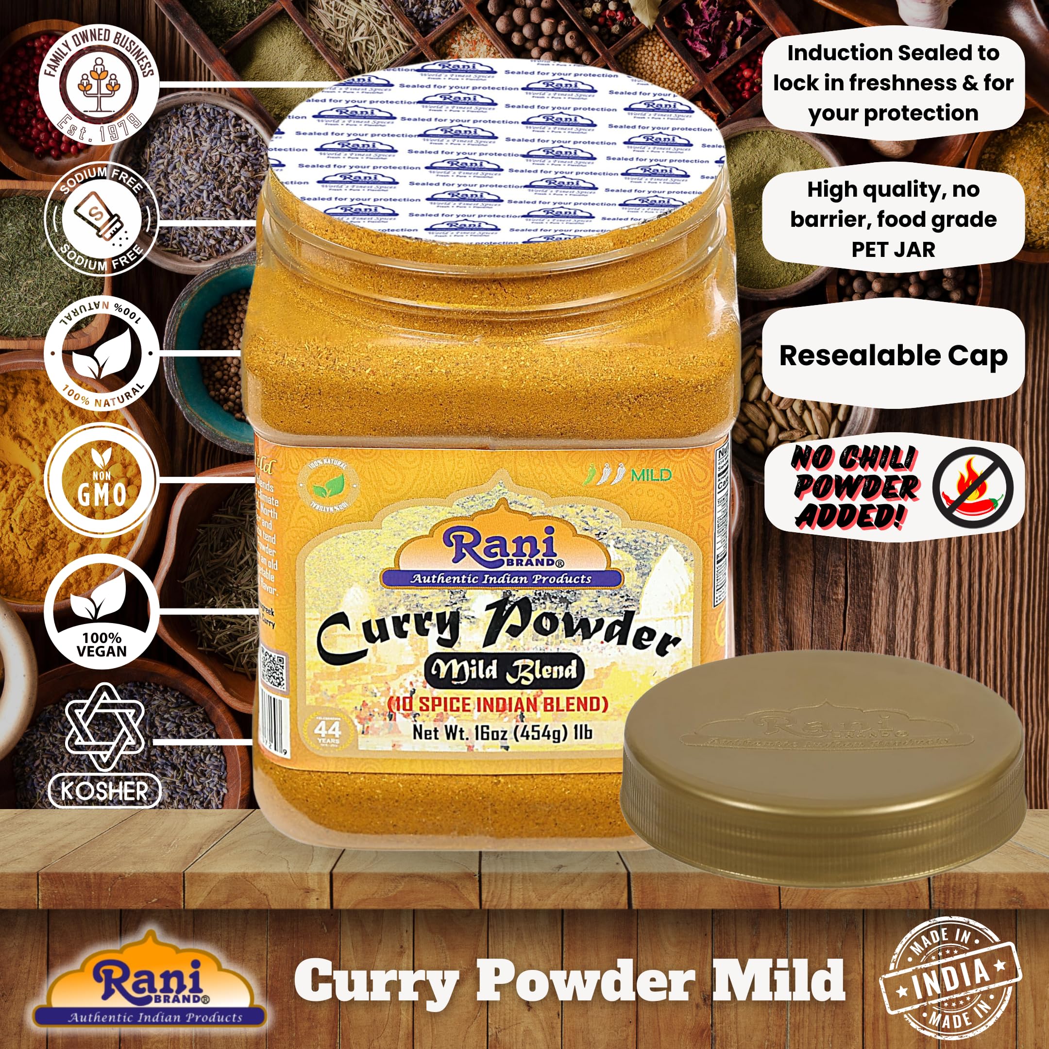 Rani Mild Curry Powder packaging emphasizes gluten friendly formulation.