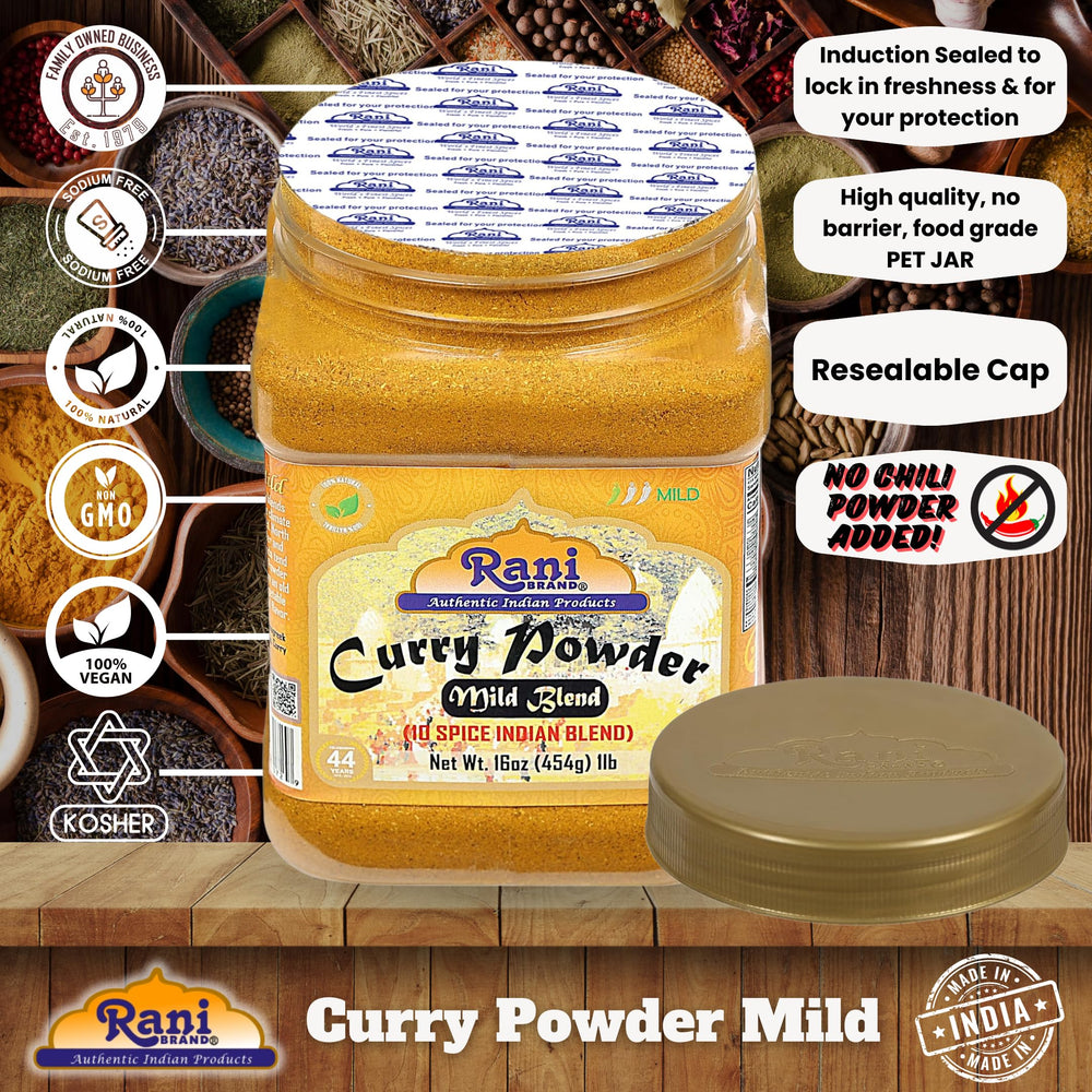 Rani Mild Curry Powder packaging emphasizes gluten friendly formulation.