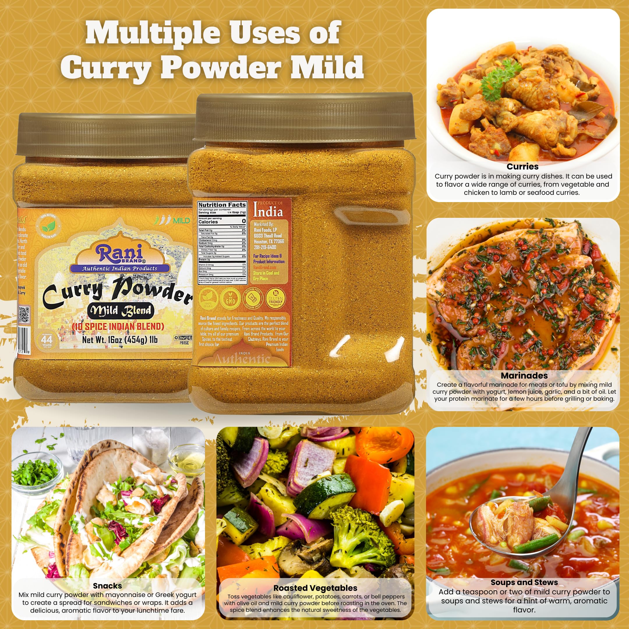 Rani Mild Curry Powder pepper-free blend highlighted in product photo.