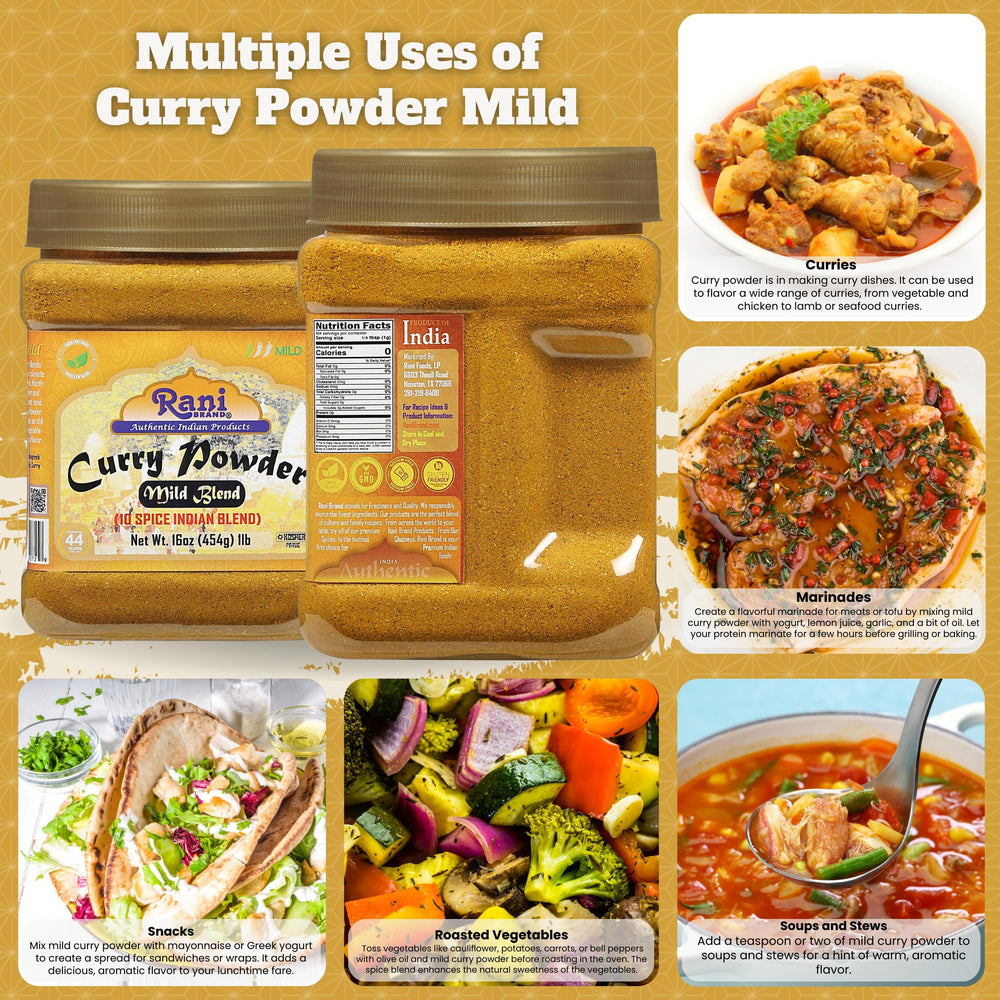 Rani Mild Curry Powder pepper-free blend highlighted in product photo.
