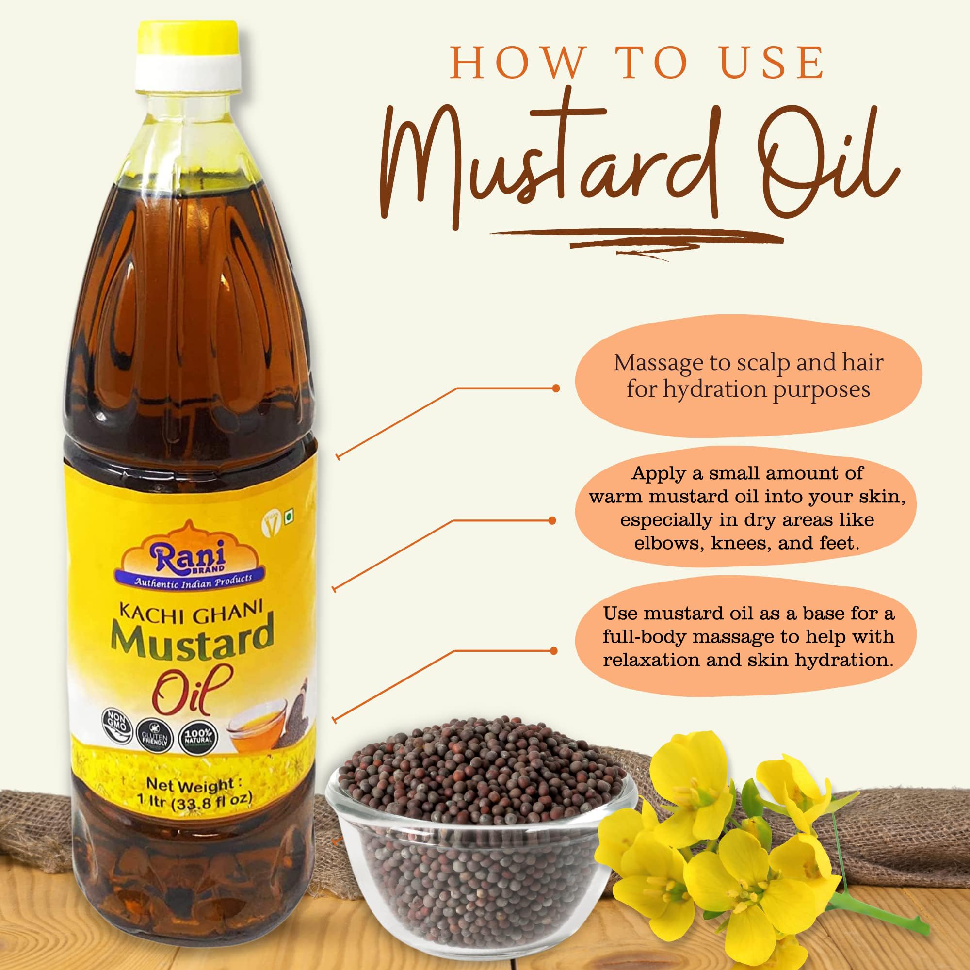 Rani Mustard Oil label highlighting Non-GMO, Gluten Free, and Vegan benefits