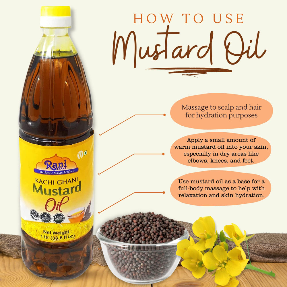 Rani Mustard Oil label highlighting Non-GMO, Gluten Free, and Vegan benefits