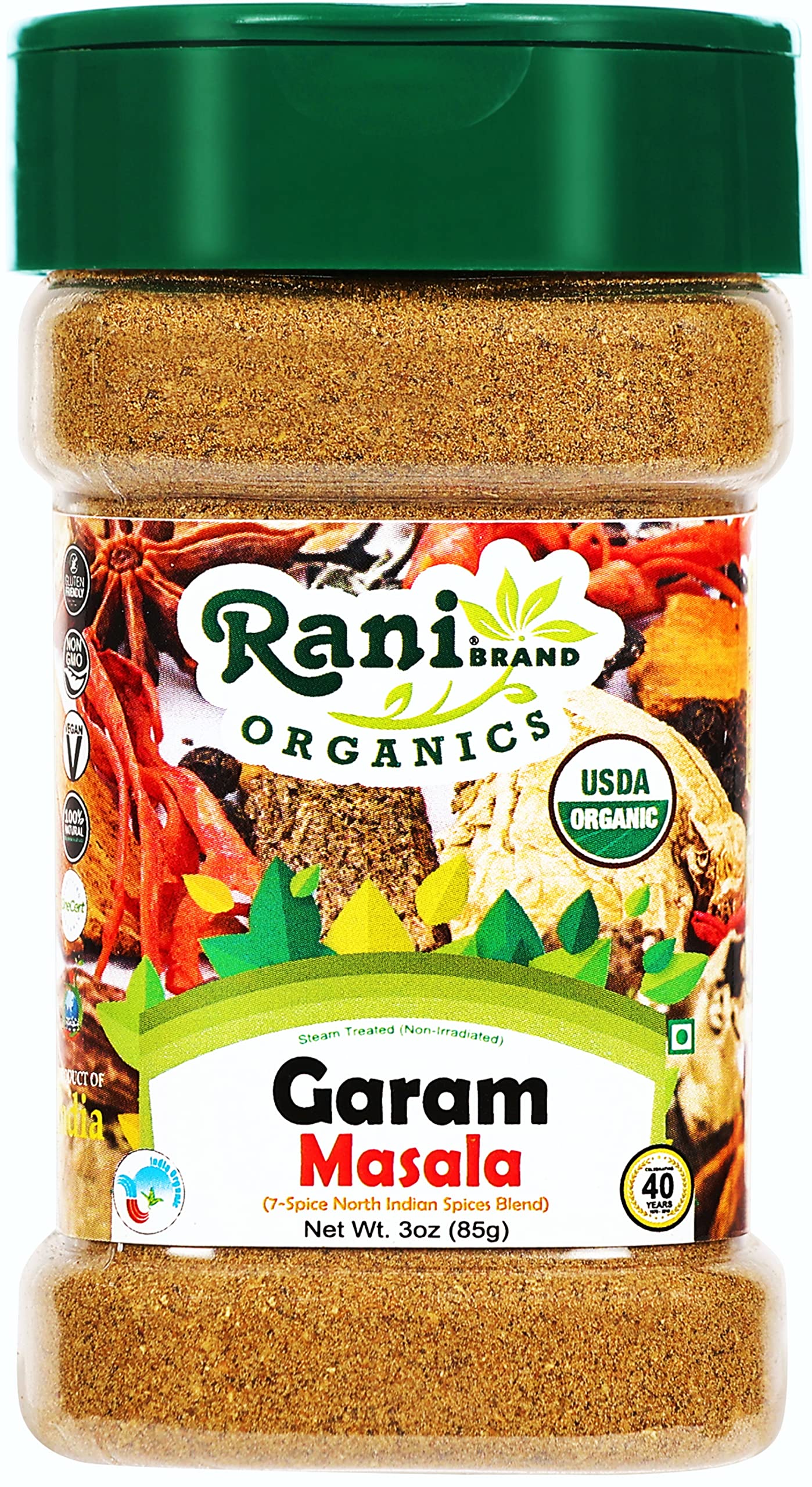 Rani Organic Garam Masala jar close-up highlighting seven-spice blend for rich North Indian curries.