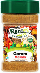 Rani Organic Garam Masala jar close-up highlighting seven-spice blend for rich North Indian curries.