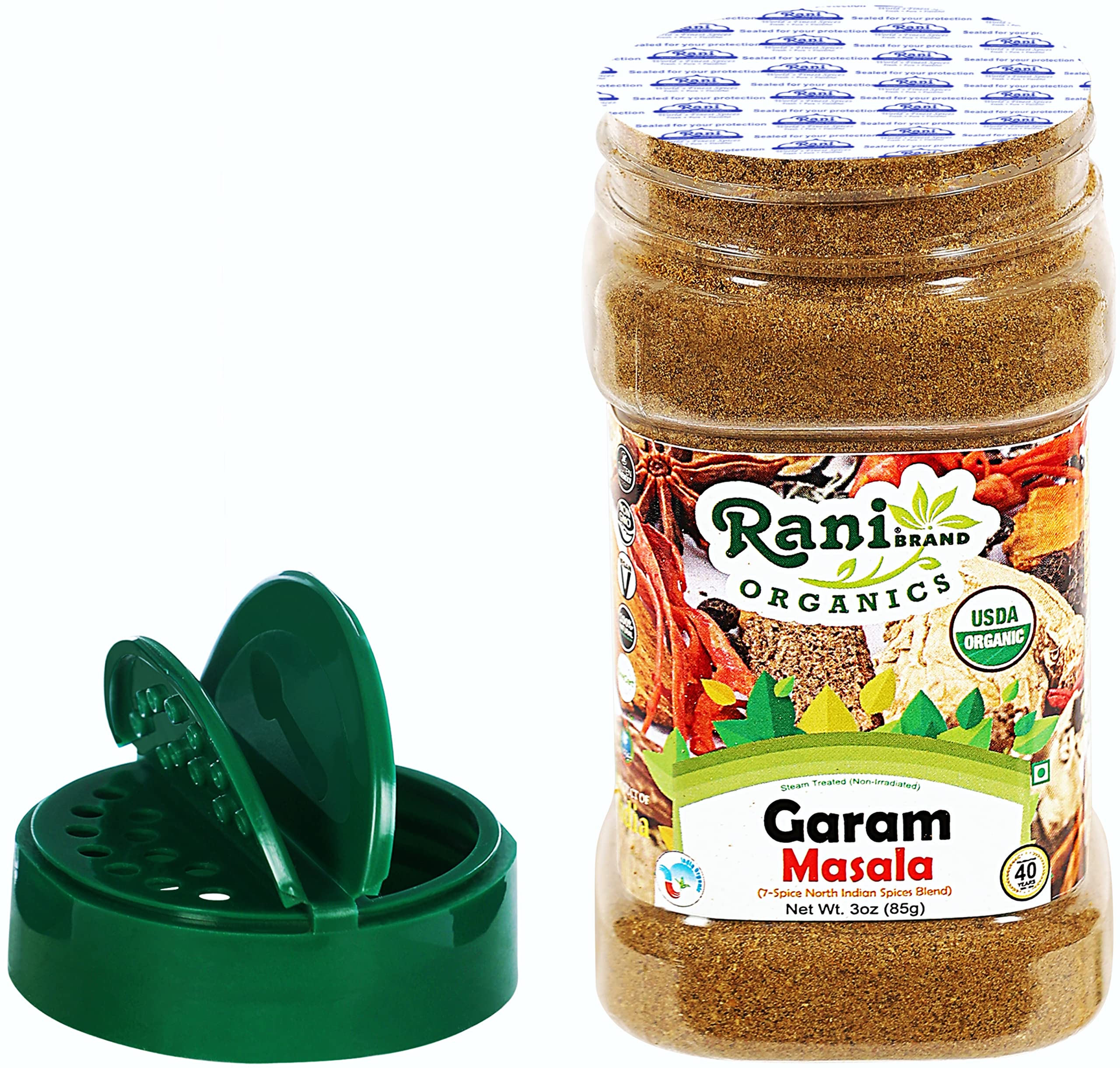 Front-facing jar of Rani Garam Masala shows label and organic certification.