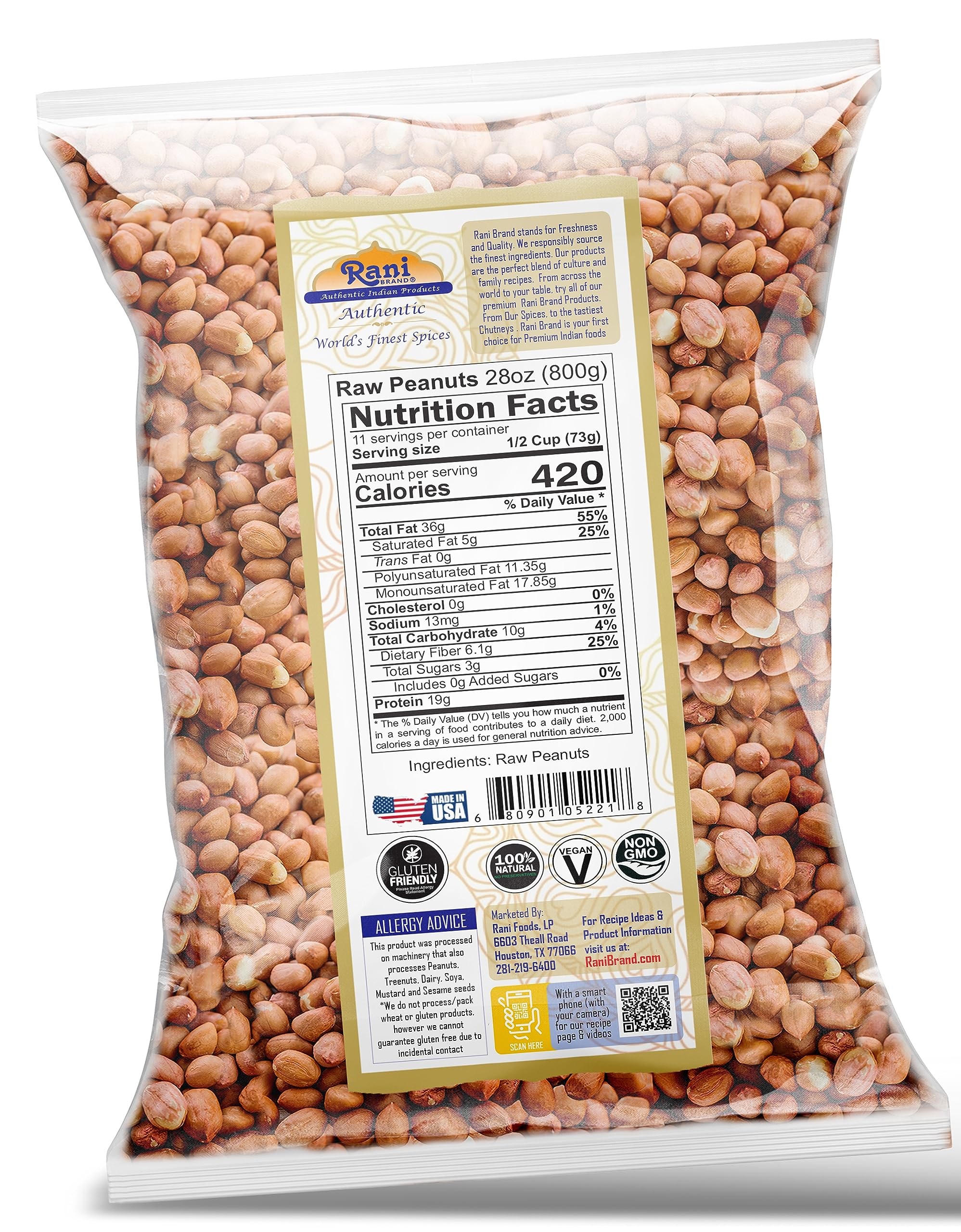 Rani peanuts raw whole with skin package front highlighting unsalted, premium USA origin