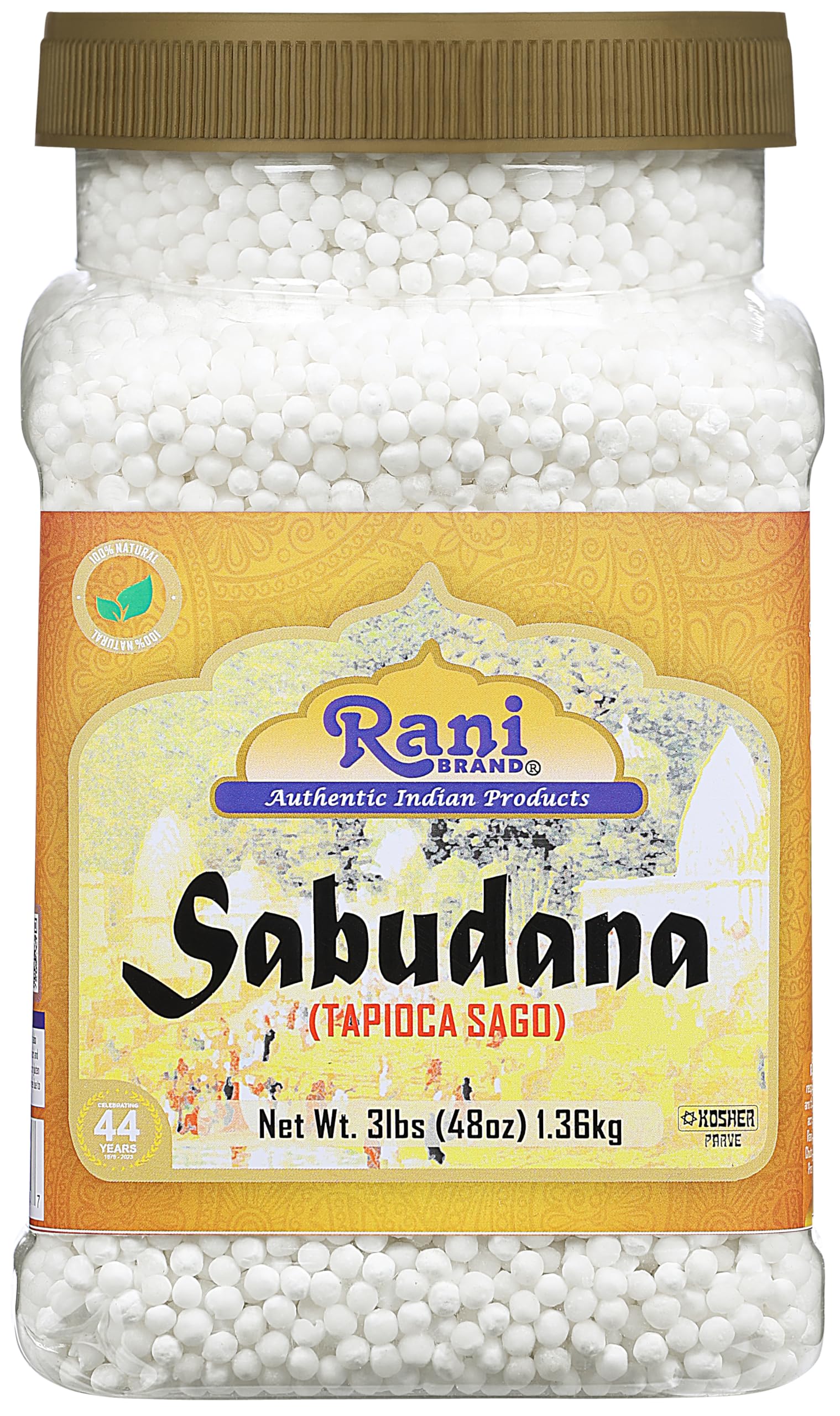 Rani Sabudana pearls in a bulk 48oz jar ideal for easy pantry storage and versatile cooking.