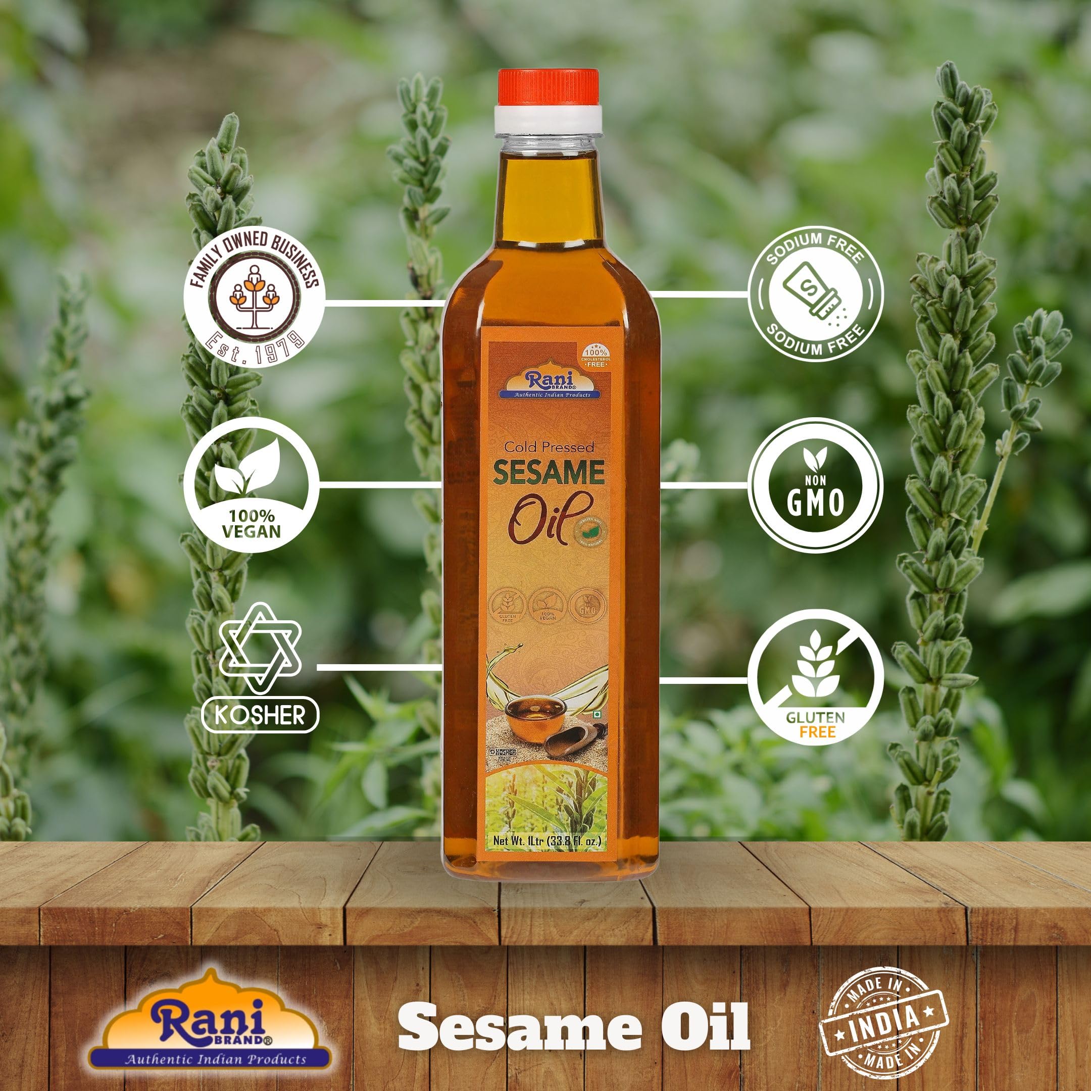 Rani sesame oil cooking-use image highlights nutty flavor and high smoke point.