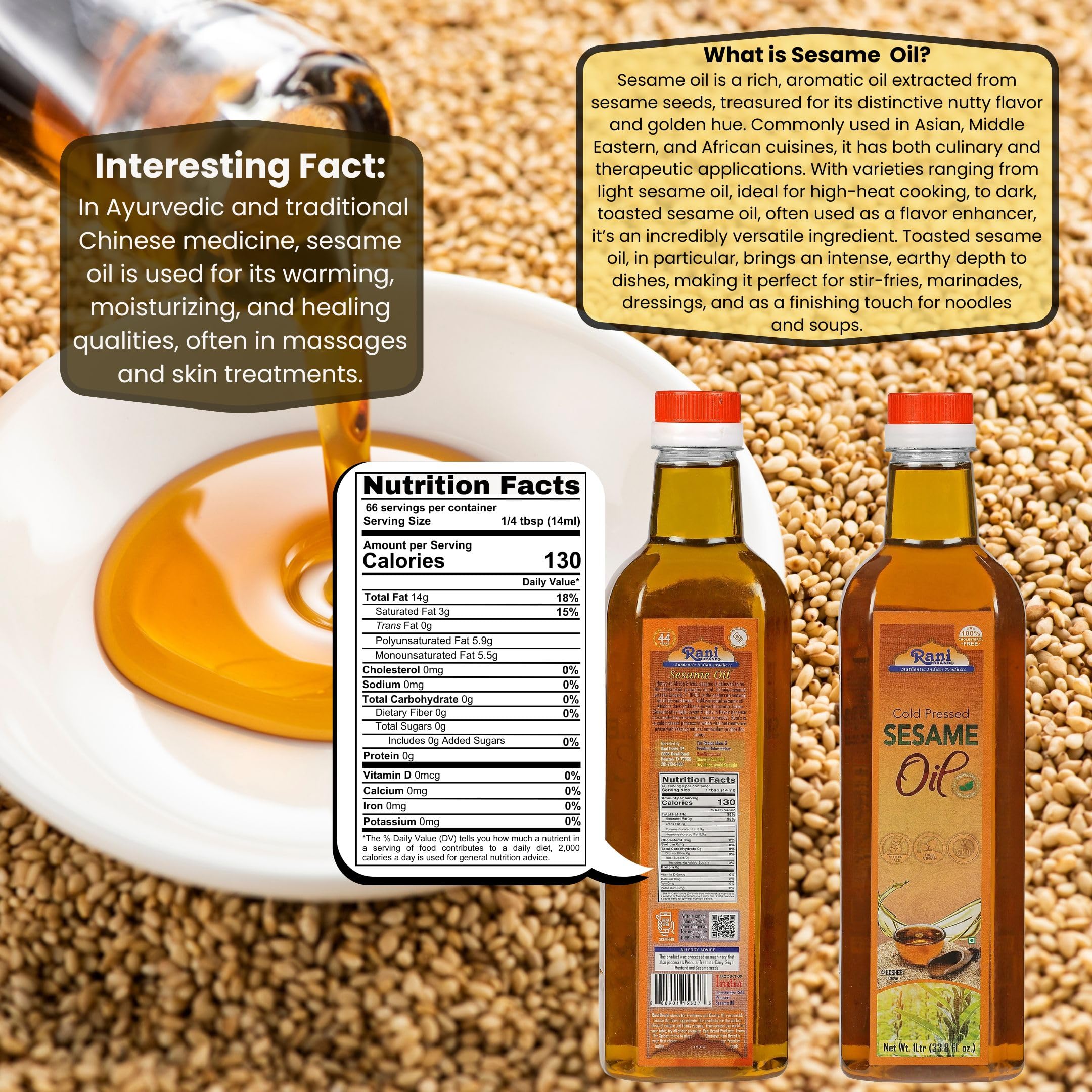 Rani sesame oil glass bottle shows premium quality for skin and hair care.