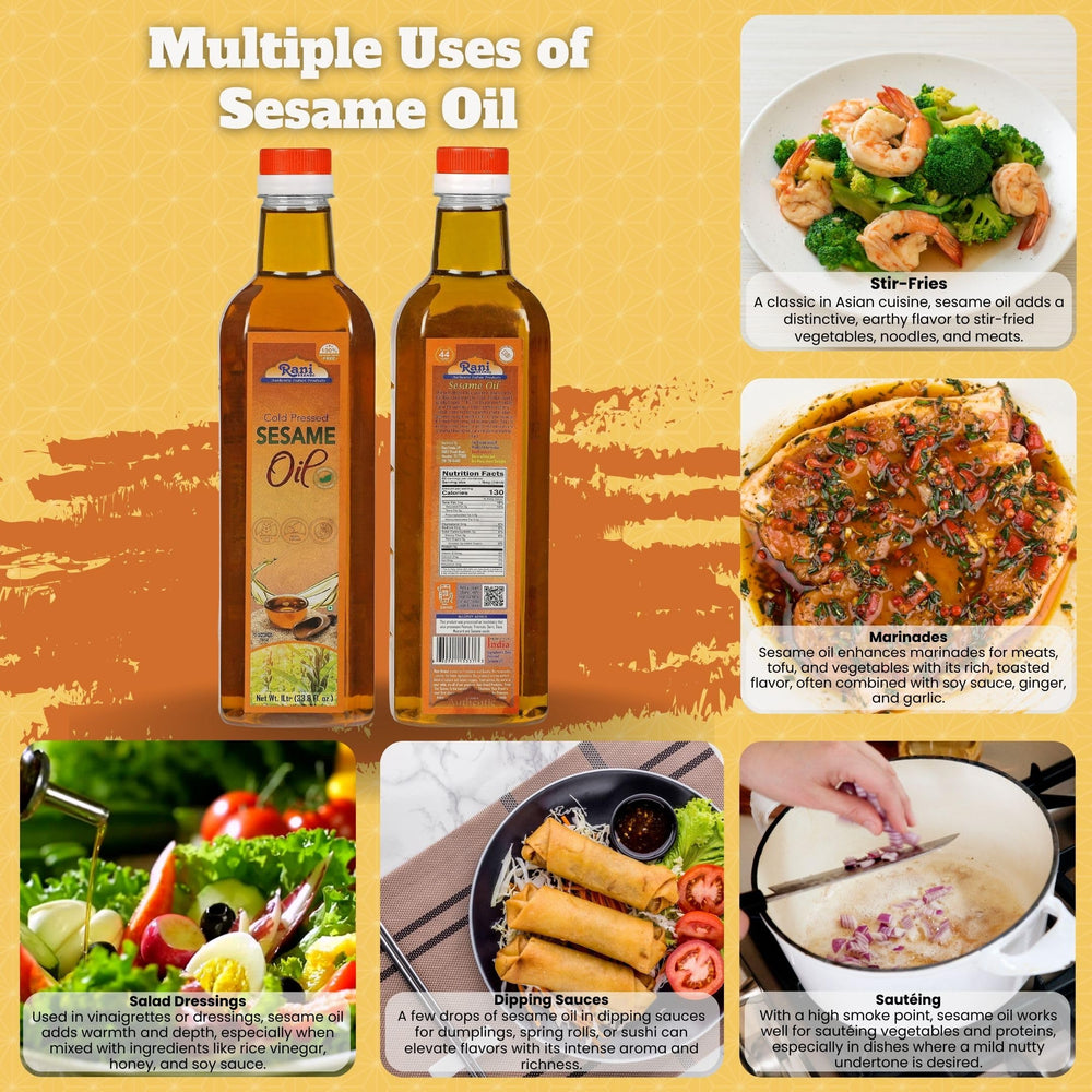 Rani sesame oil label emphasizes non-GMO, kosher, vegan, gluten-free attributes.