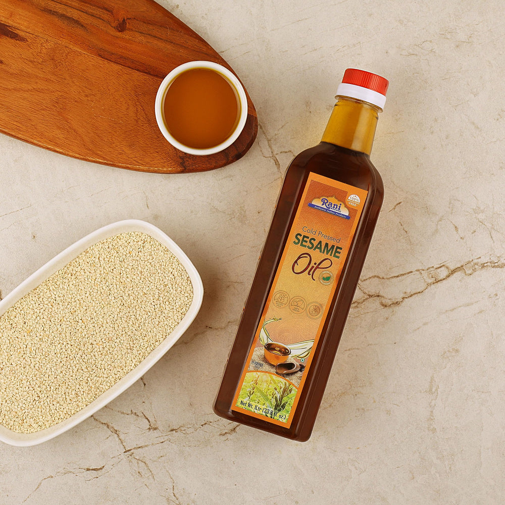 Rani sesame oil skin-care use showing massage and conditioning benefits.