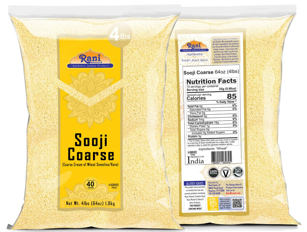 Rani Sooji Coarse semolina closeup highlighting grain texture for fresh recipes.