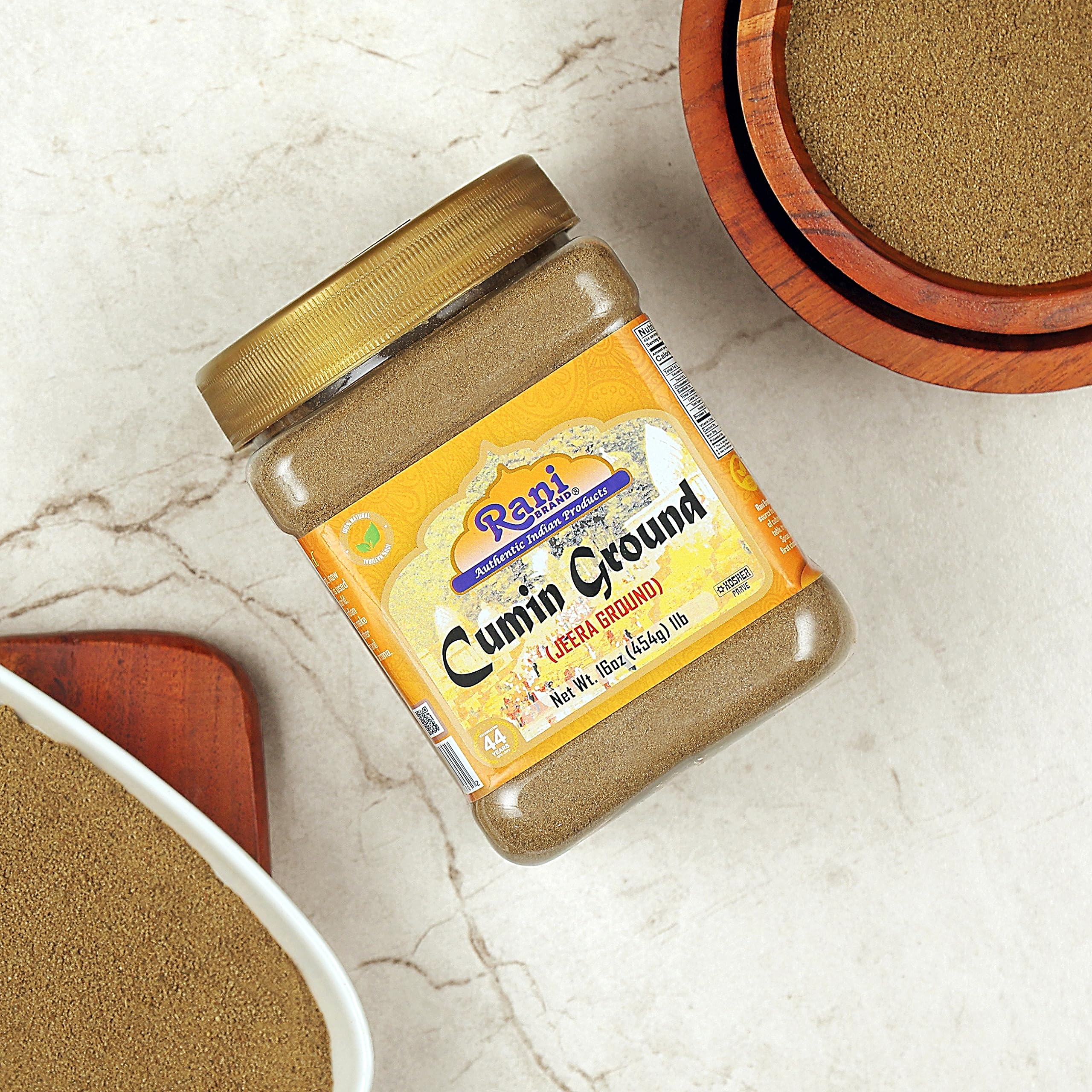 Rani Spice packaging on shelf, convenient 16oz jar for home cooks