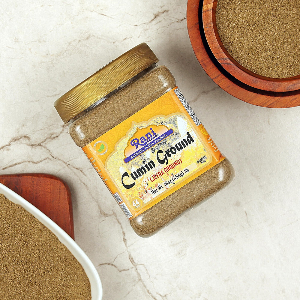 Rani Spice packaging on shelf, convenient 16oz jar for home cooks
