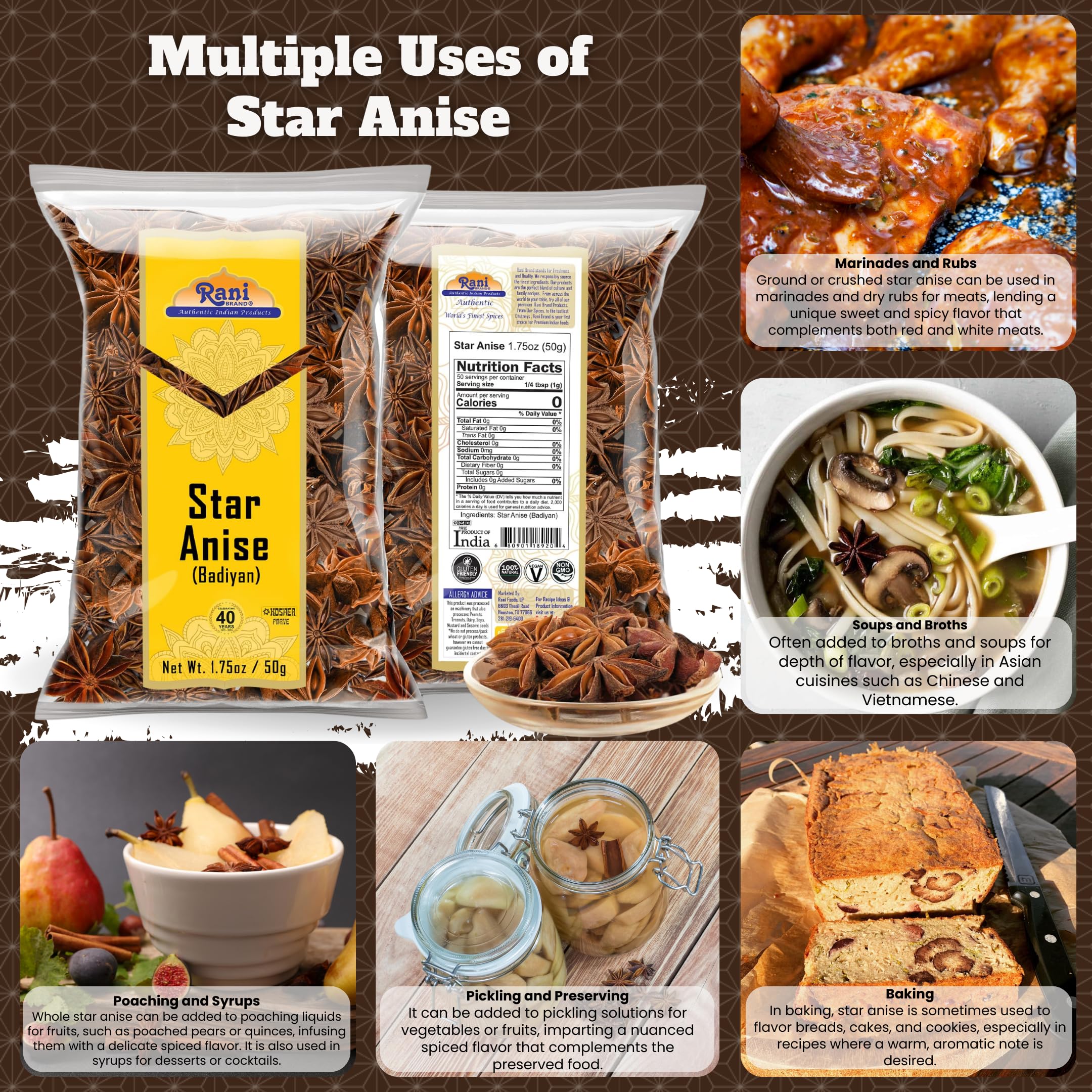 Rani Star Anise whole pods enhance baking and poaching.