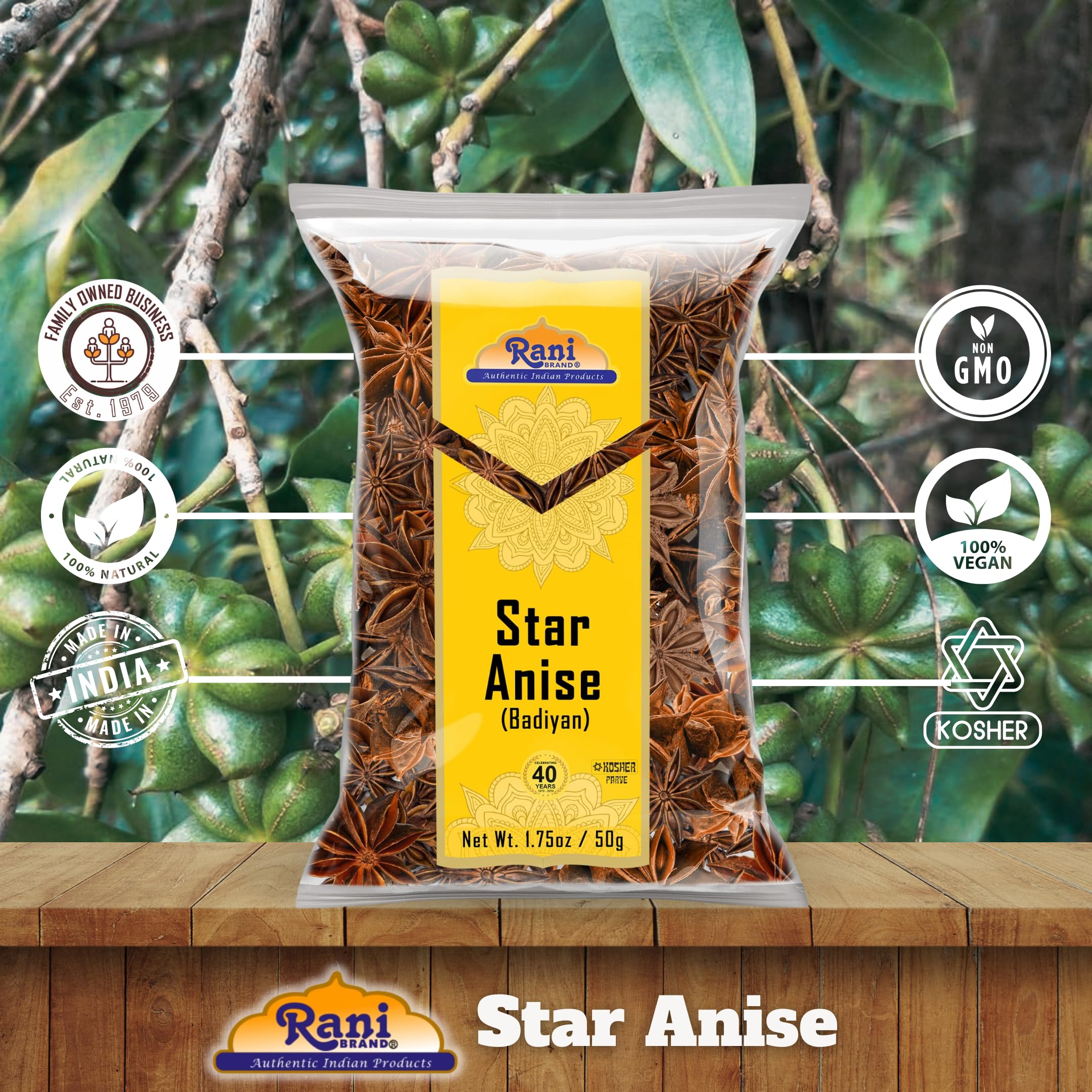 Rani Star Anise packaging 1.75oz keeps freshness for cooks.