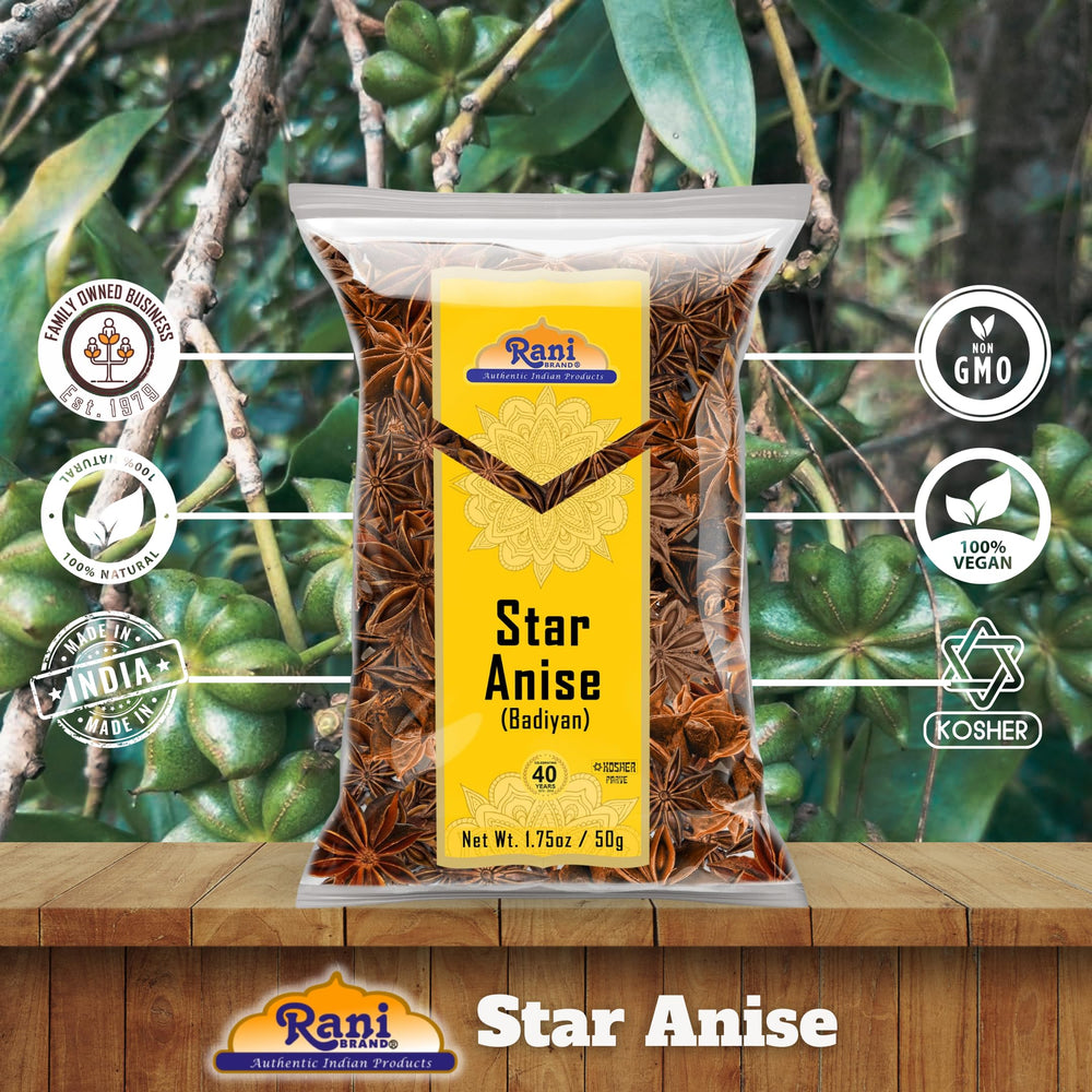 Rani Star Anise packaging 1.75oz keeps freshness for cooks.