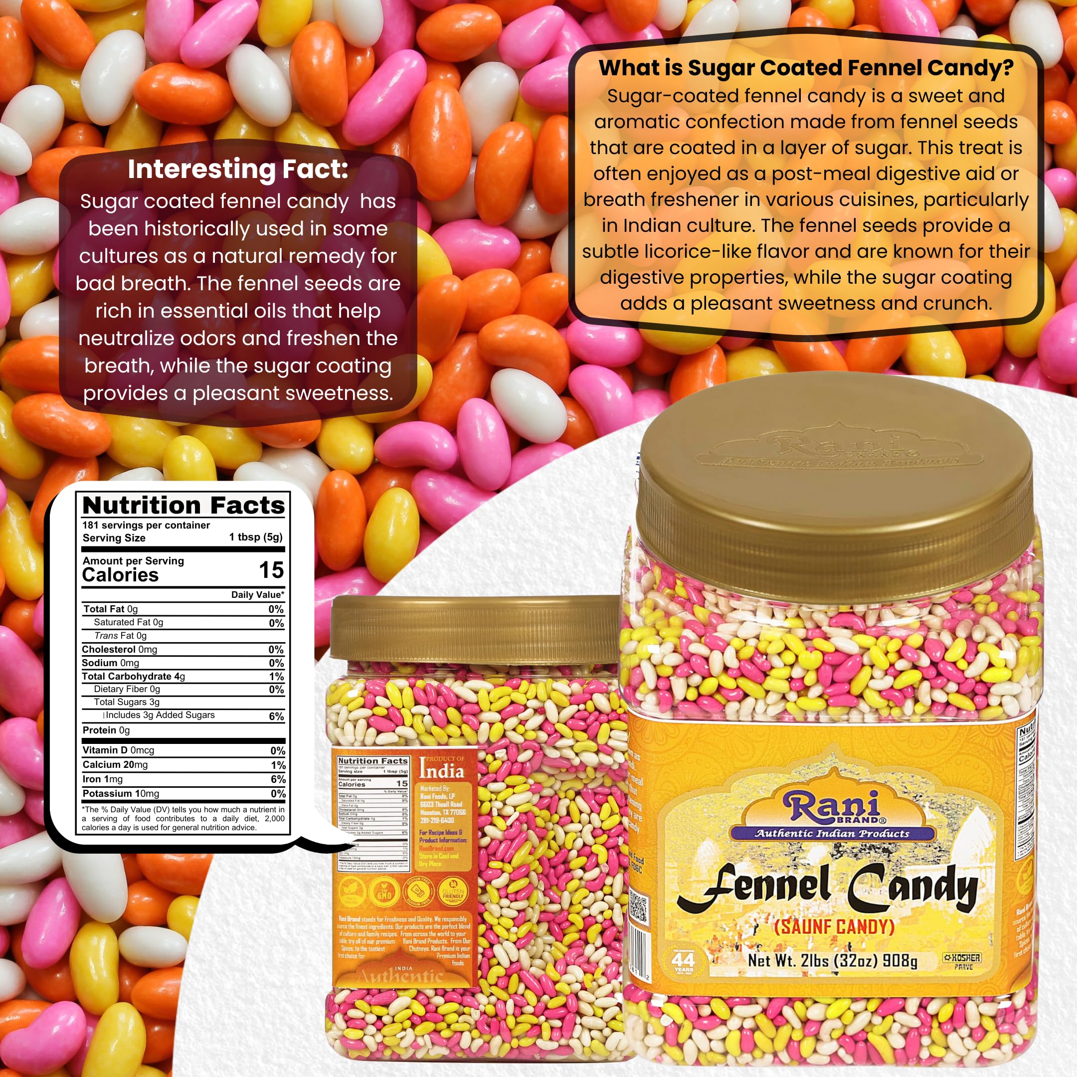 Rani sugar coated fennel candy jar label showing vegan and NON-GMO claims