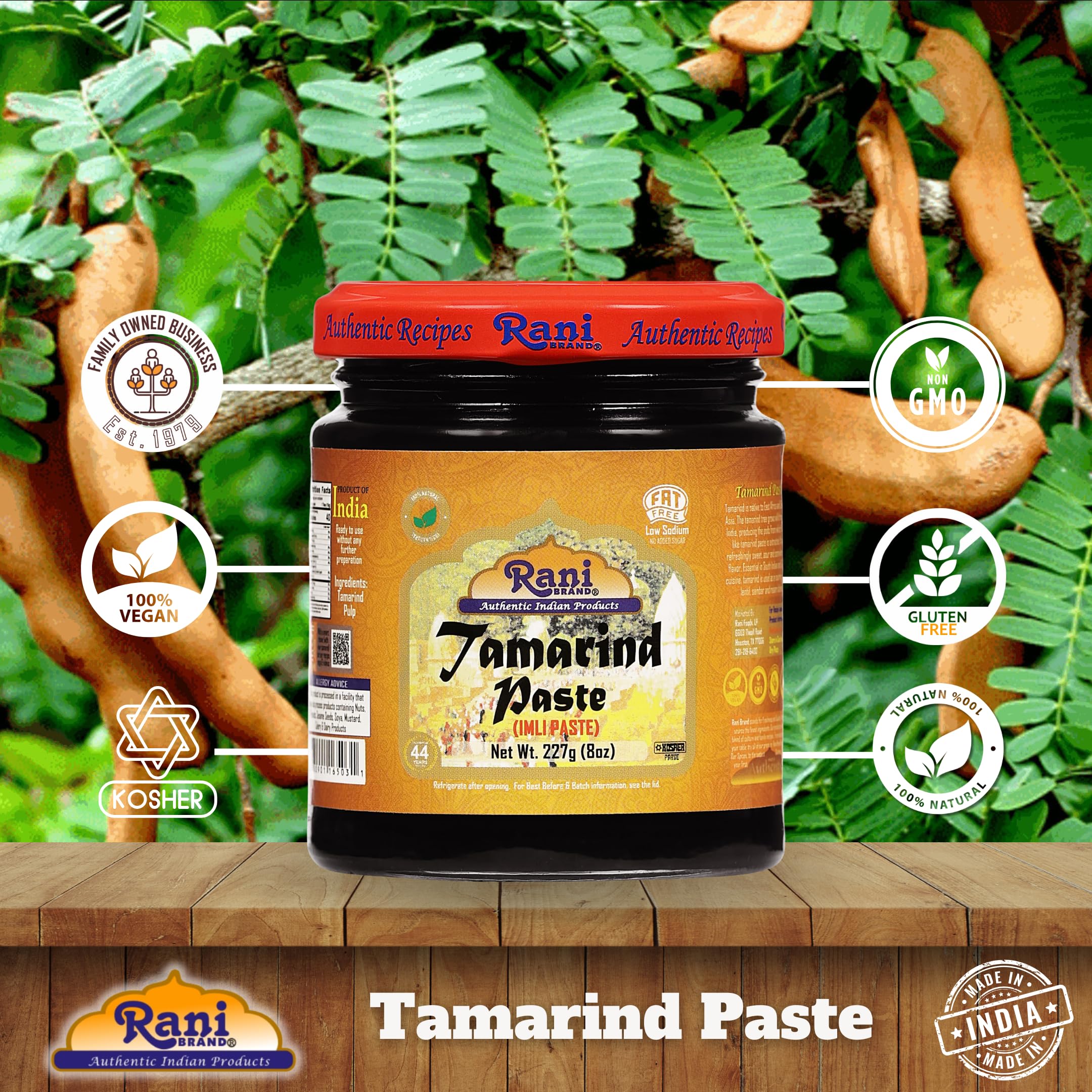 Rani Tamarind Paste on-shelf with premium glass packaging.