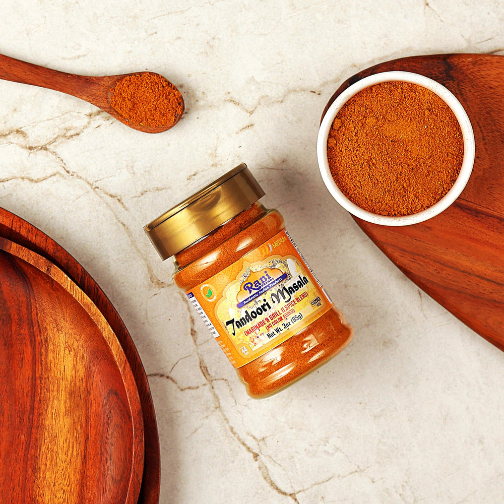 Rani Tandoori Masala powder texture for vibrant marination and rubs.