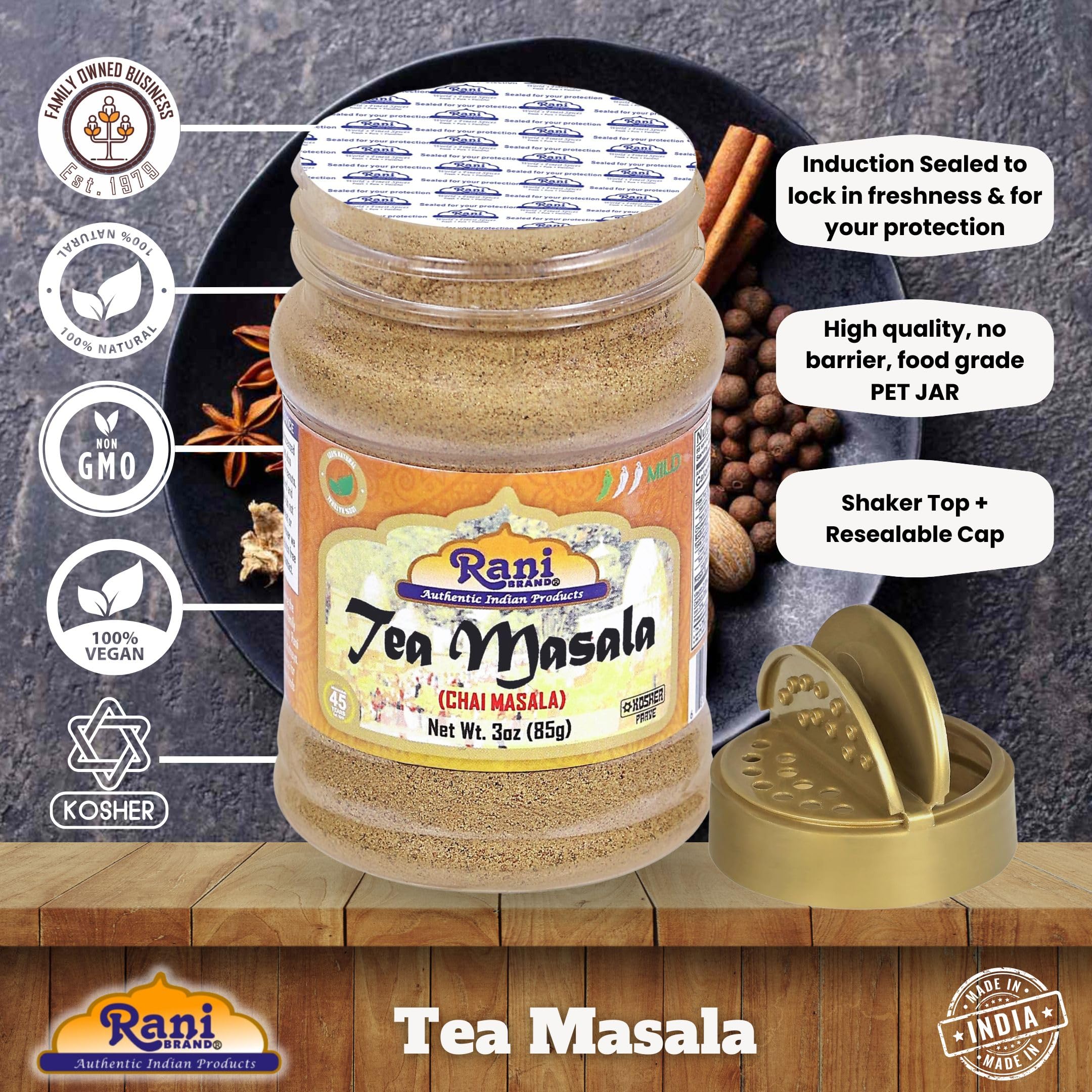 Rani Tea Masala pouring from jar into teacup