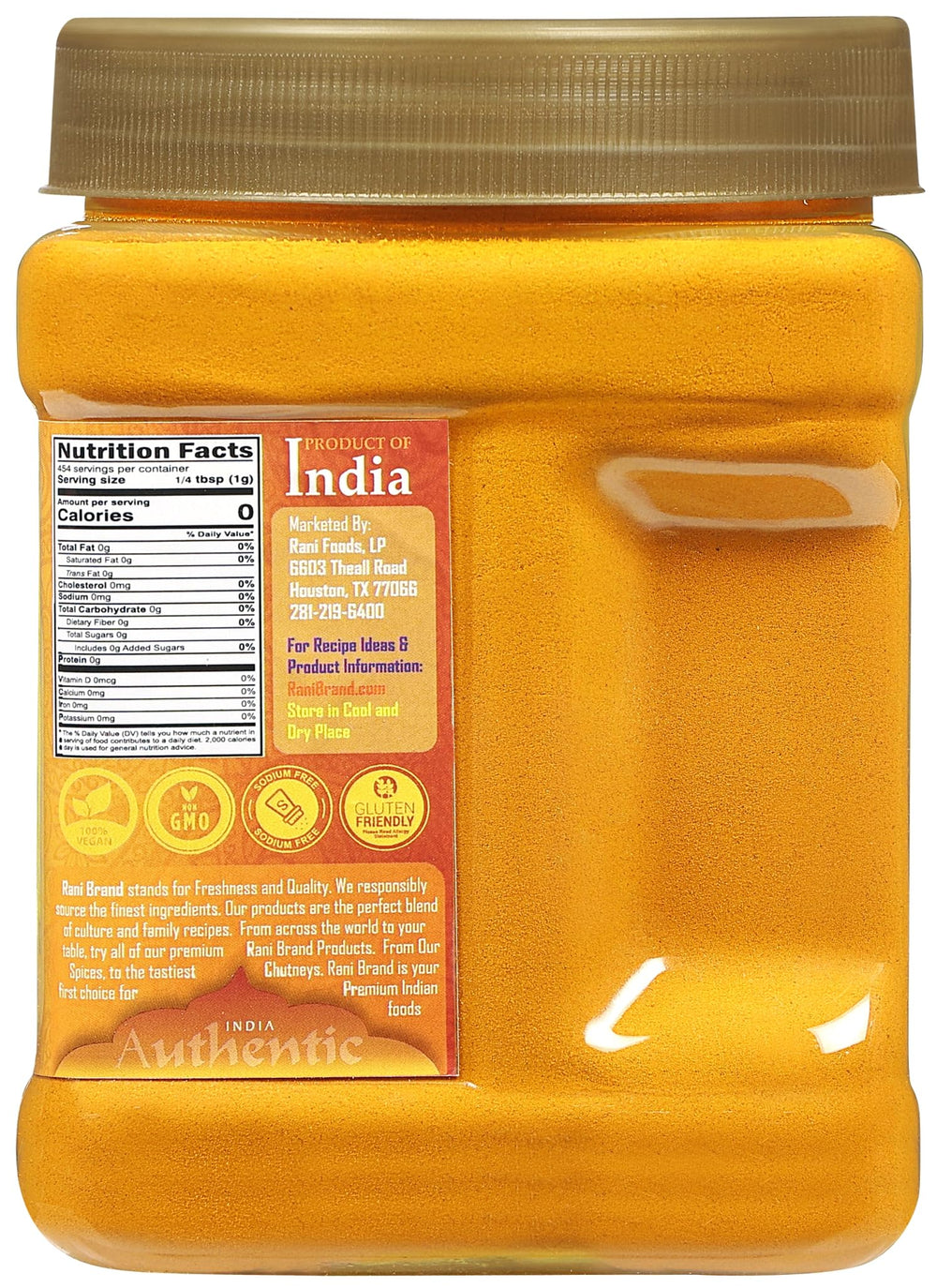 Rani Turmeric Haldi powder close-up highlights rich texture and premium quality.