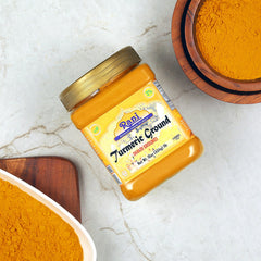 Rani Haldi powder in a jar ready to add warmth to dishes.
