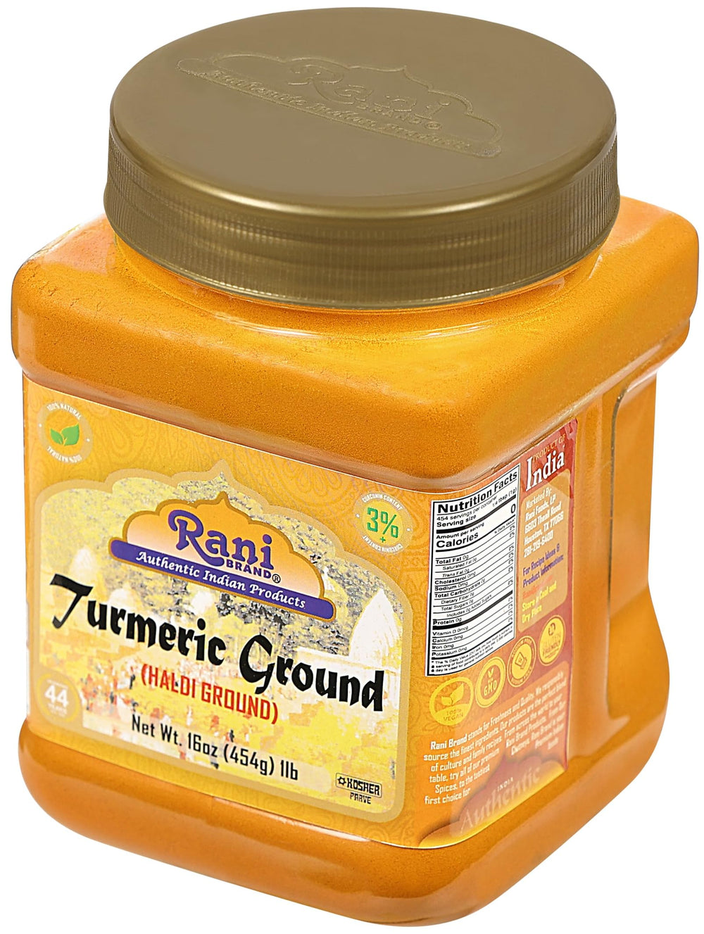 Rani Haldi powder in a spice rack highlights authentic Indian cooking.