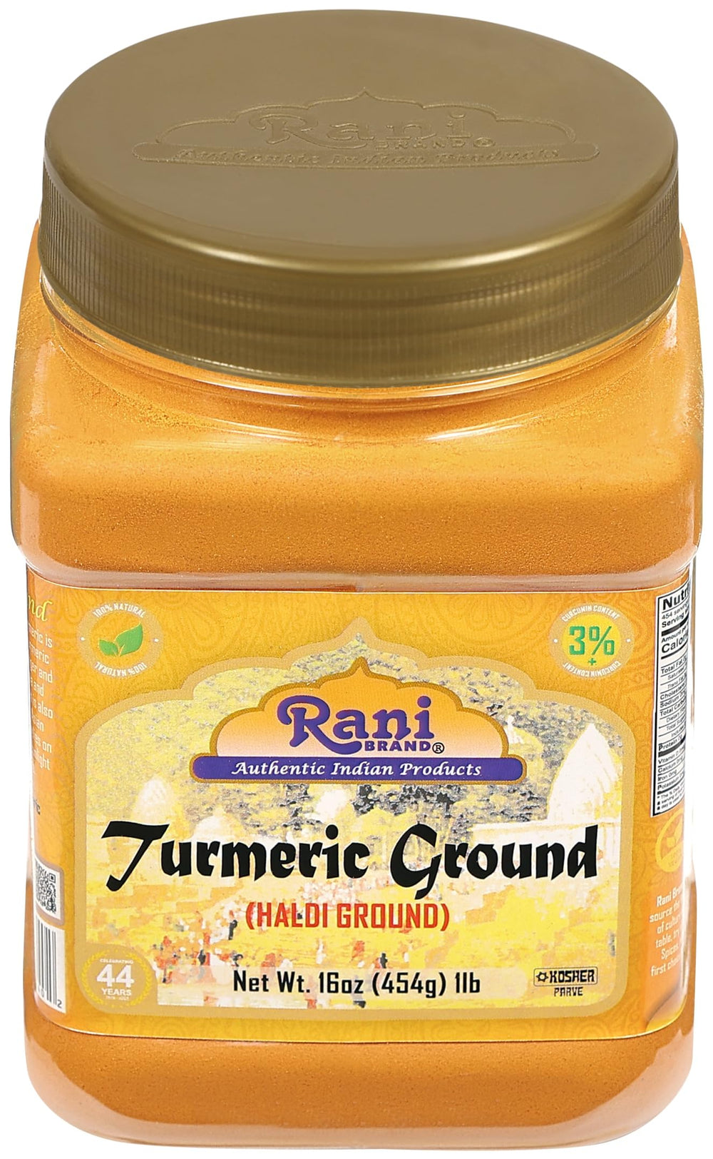 Rani Haldi jar with labels suggests pure, additive-free Indian origin.