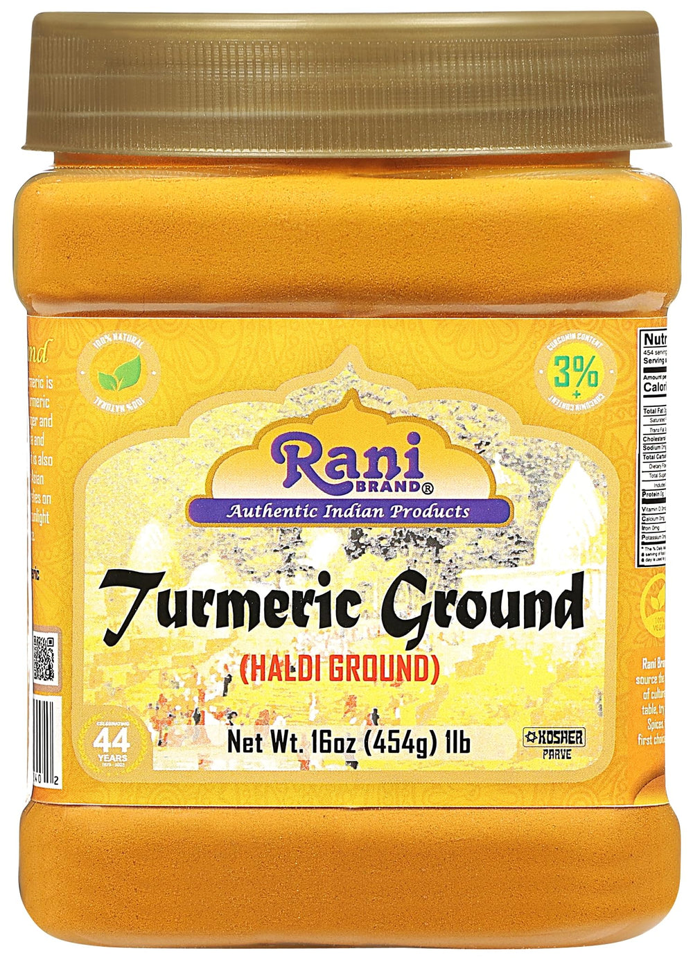 Rani Turmeric Haldi root powder jar shows vibrant orange gold color for flavorful cooking.
