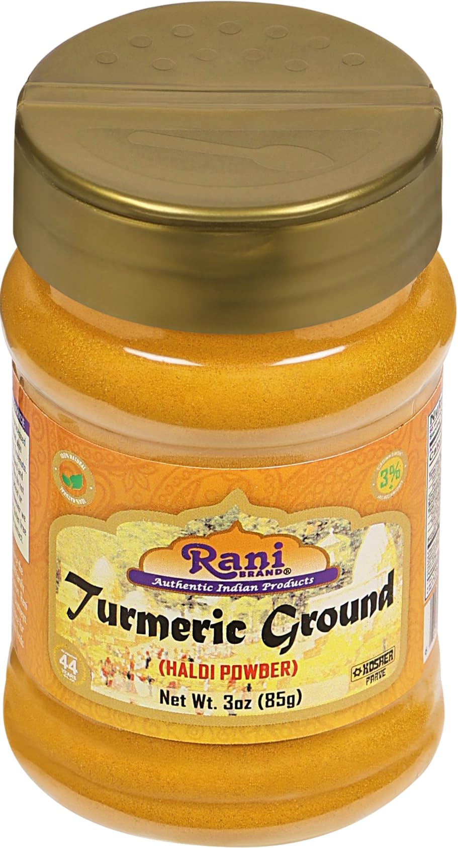 Back label of Rani Turmeric showing origin and ingredients.