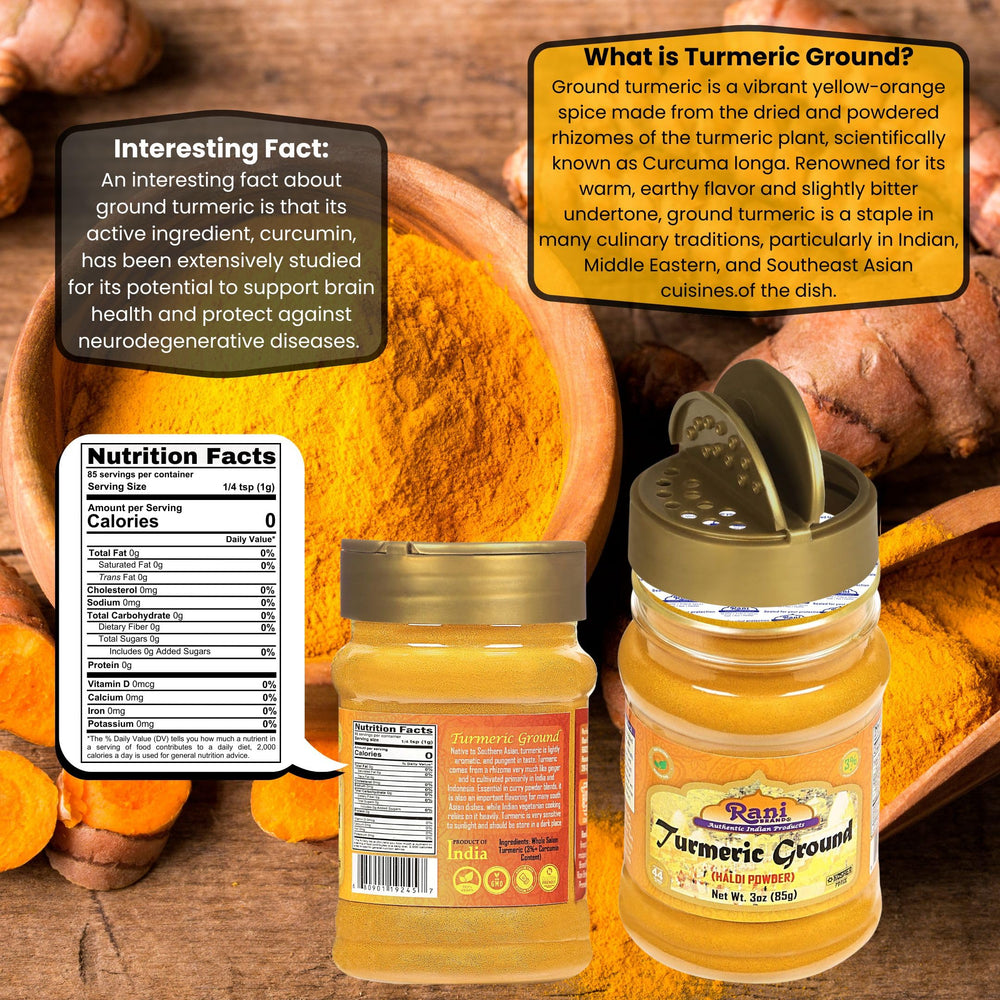 Rani Turmeric powder jar label close-up highlighting purity and high curcumin.