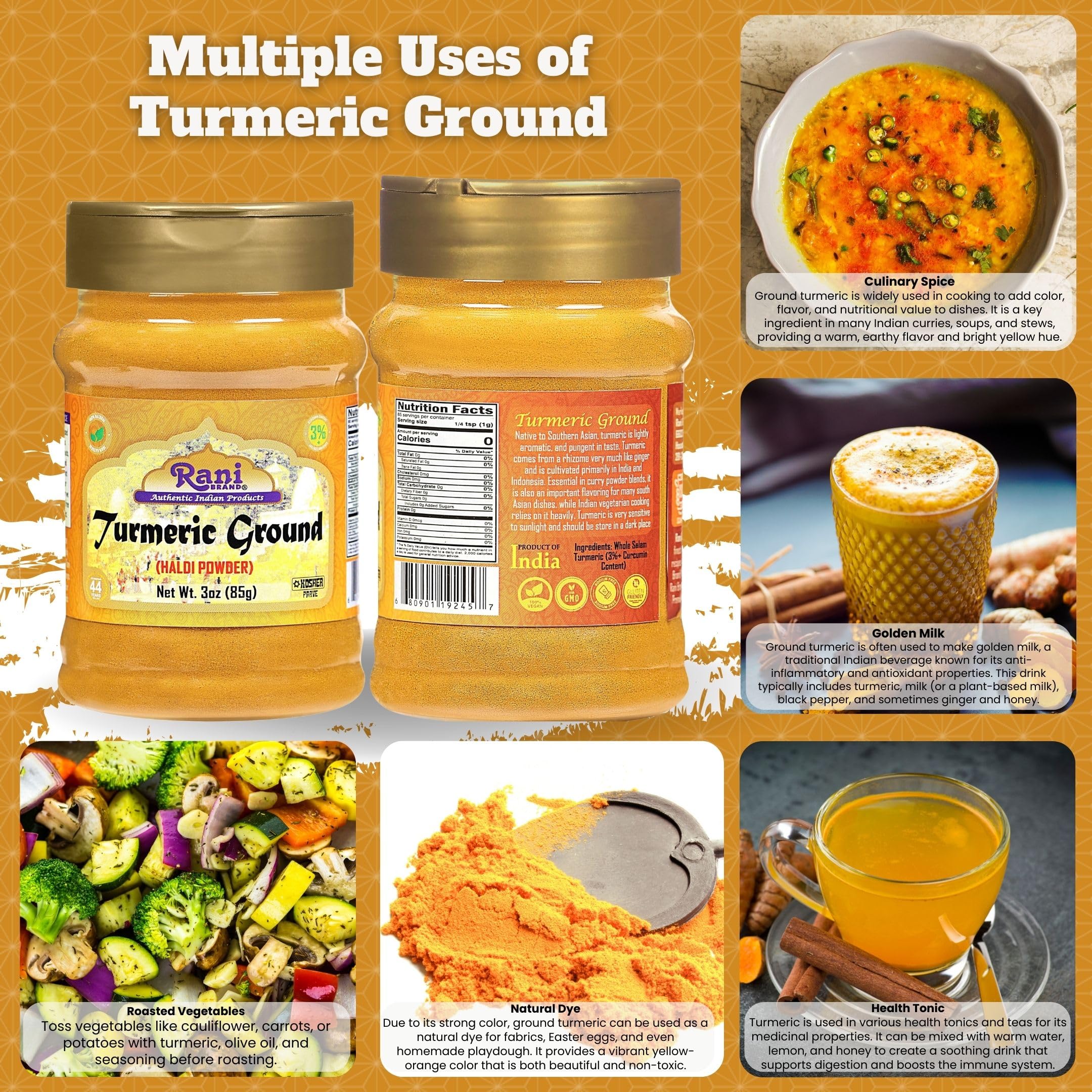 Rani Turmeric powder with measuring scoop for easy seasoning.