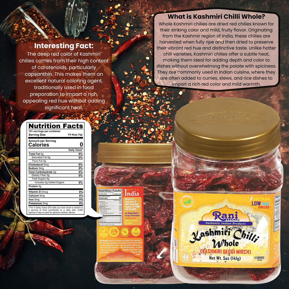 Rani Kashmiri Chilli Whole back label highlights kosher and vegan attributes.