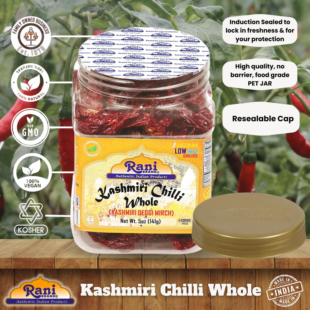 Rani Kashmiri Chilli Whole jar being poured into a dish for aroma.