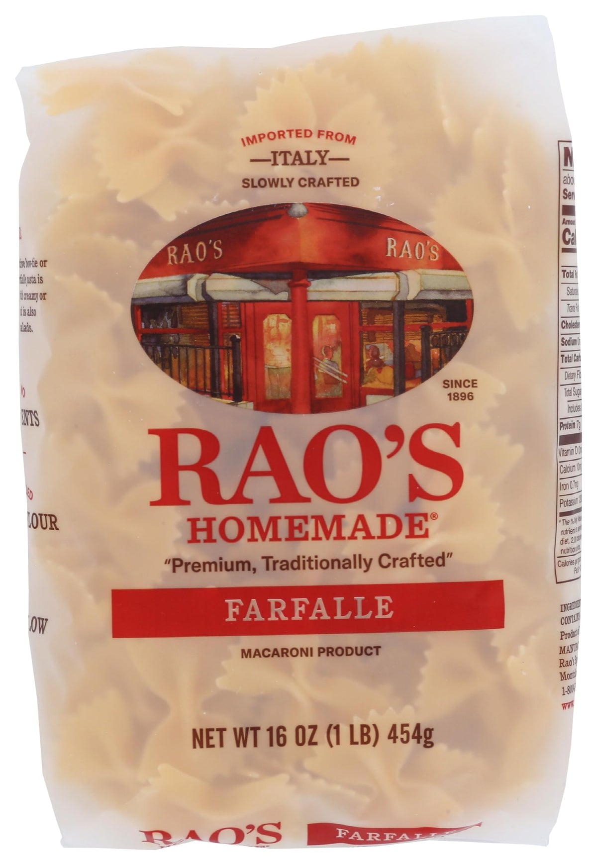 Rao's Farfalle pasta pack shot highlights premium quality ideal for quick, sauce-rich meals.