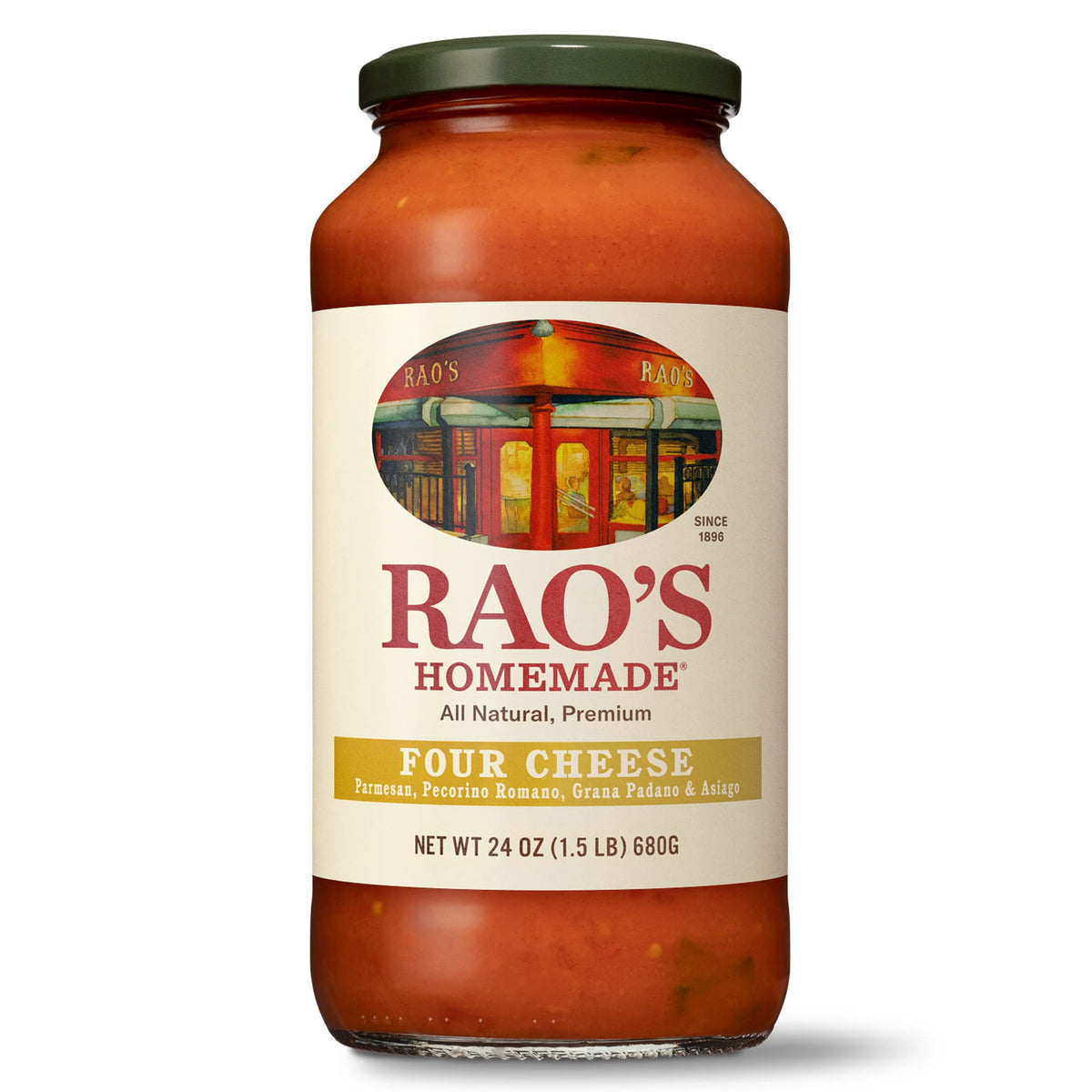Rao's Four Cheese Pasta Sauce bottle being poured for quick weeknight dinner