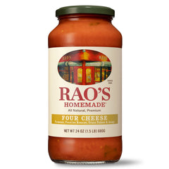 Rao's Four Cheese Pasta Sauce bottle being poured for quick weeknight dinner