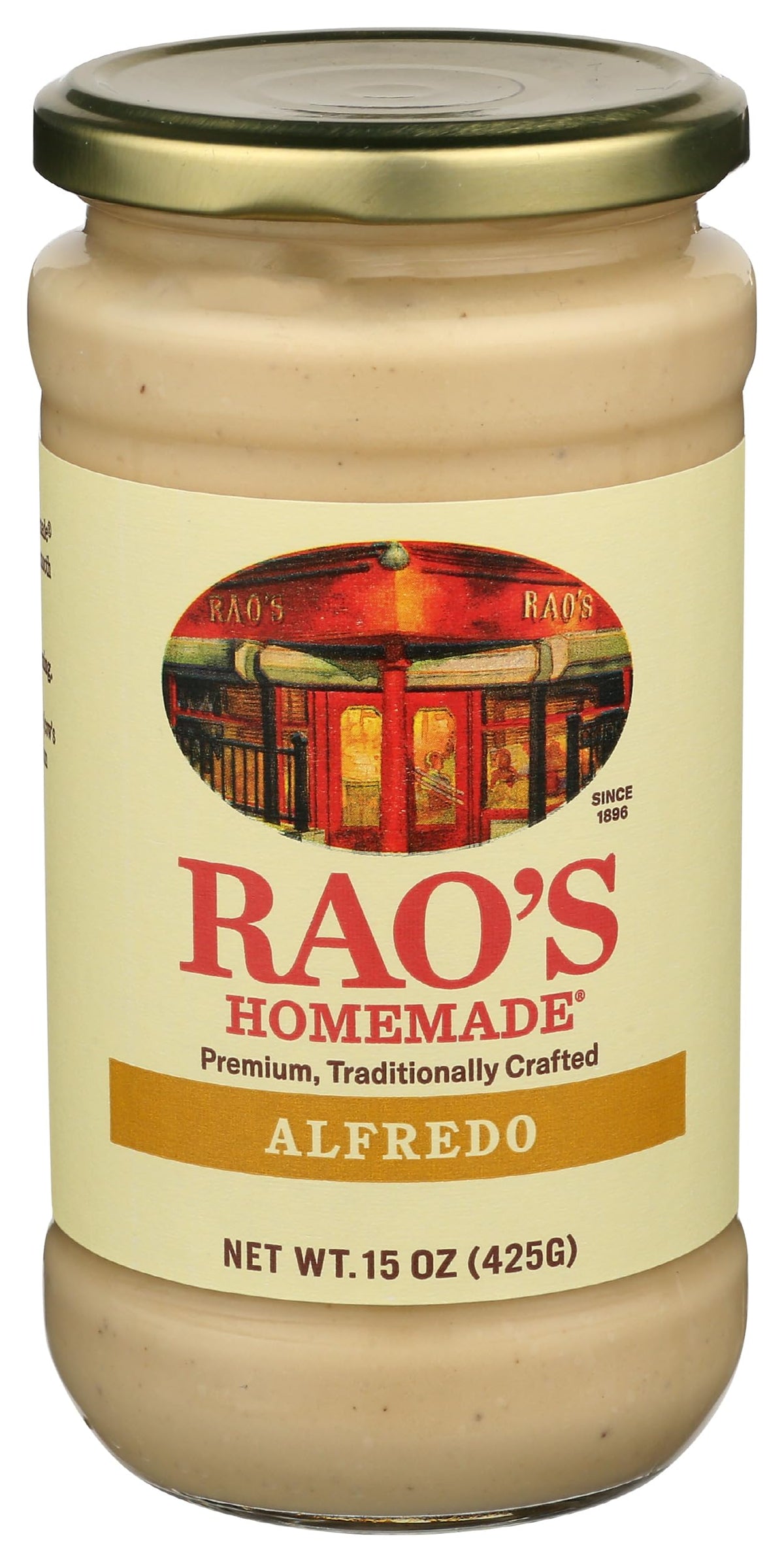 Rao's Homemade Alfredo Sauce jar front, creamy texture ready for pasta
