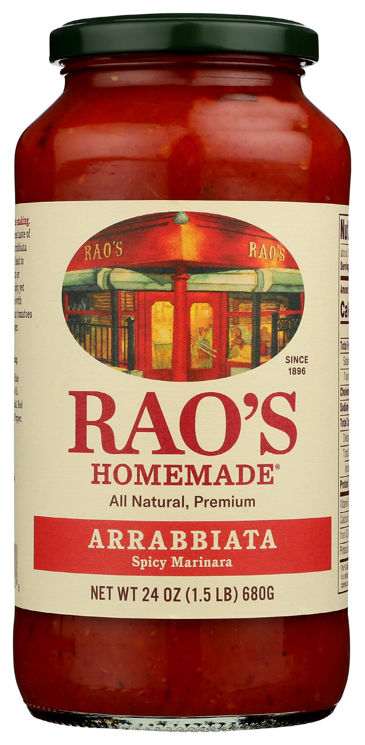 Rao's Homemade Arrabbiata sauce jar shows premium Italian tomatoes for bold pasta nights.