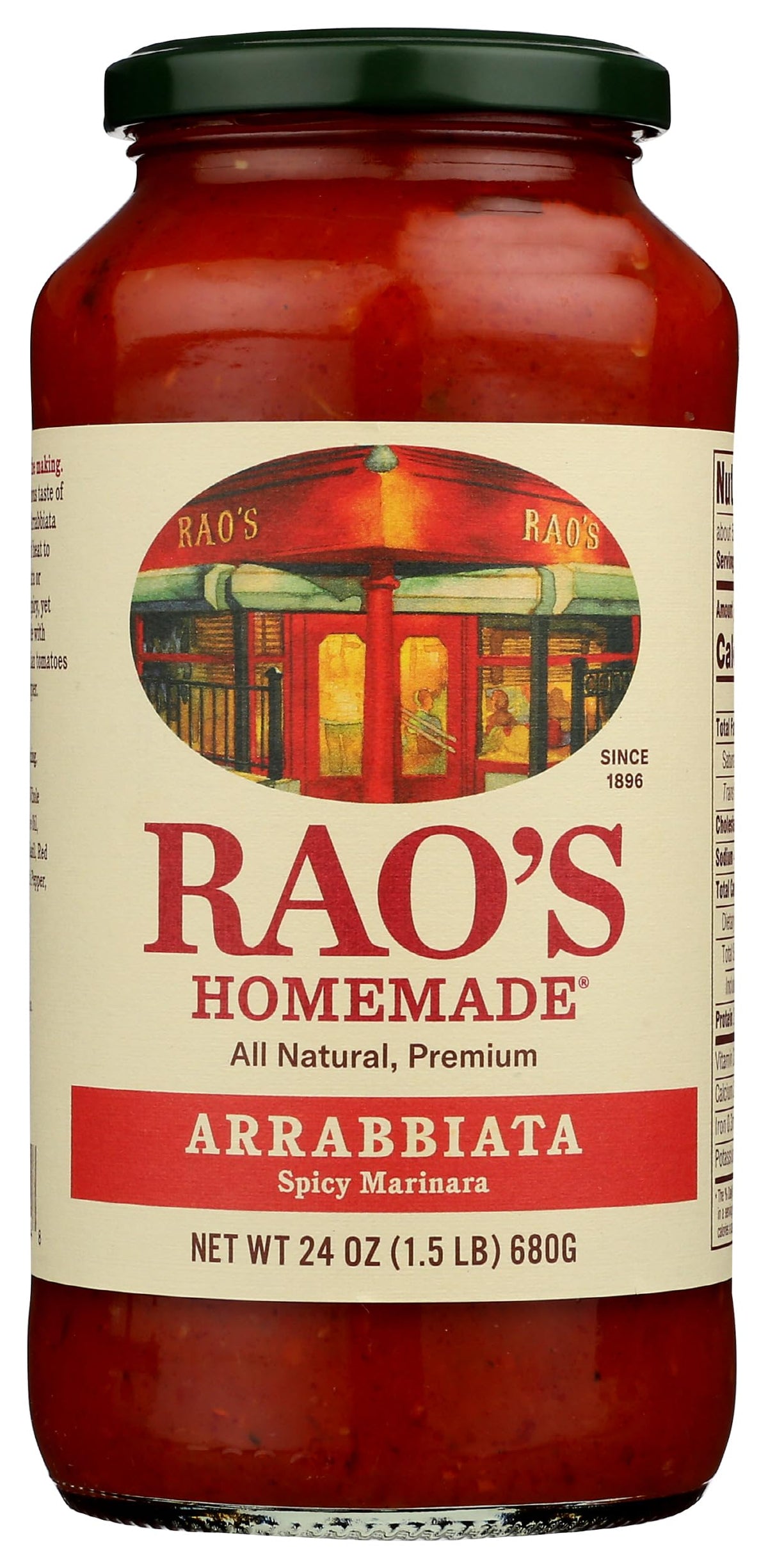 Rao's Homemade Arrabbiata sauce jar shows premium Italian tomatoes for bold pasta nights.