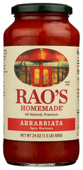 Rao's Homemade Arrabbiata sauce jar shows premium Italian tomatoes for bold pasta nights.