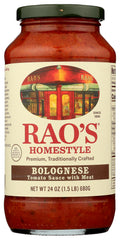 Raos Homemade Bolognese Sauce jar close-up shows premium tomatoes for rich flavor