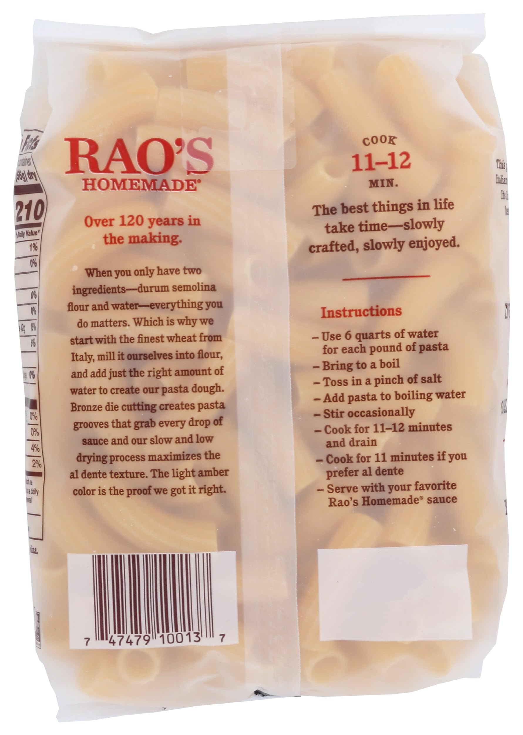 Rao's bronze-die cut rigatoni close-up shows sauce-grabbing grooves.