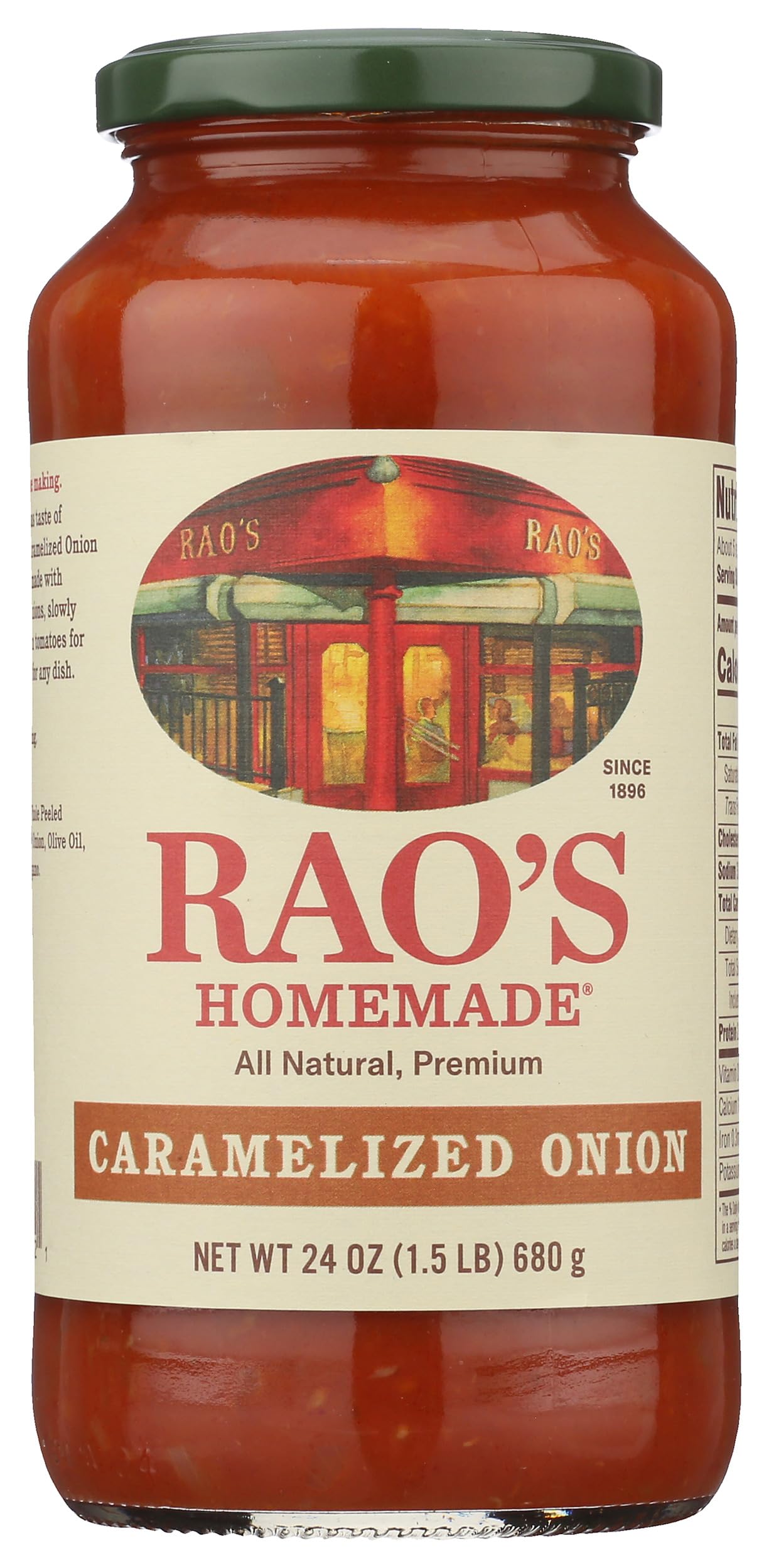 Rao's Homemade caramelized onion sauce jar on a kitchen counter, perfect for pasta nights.