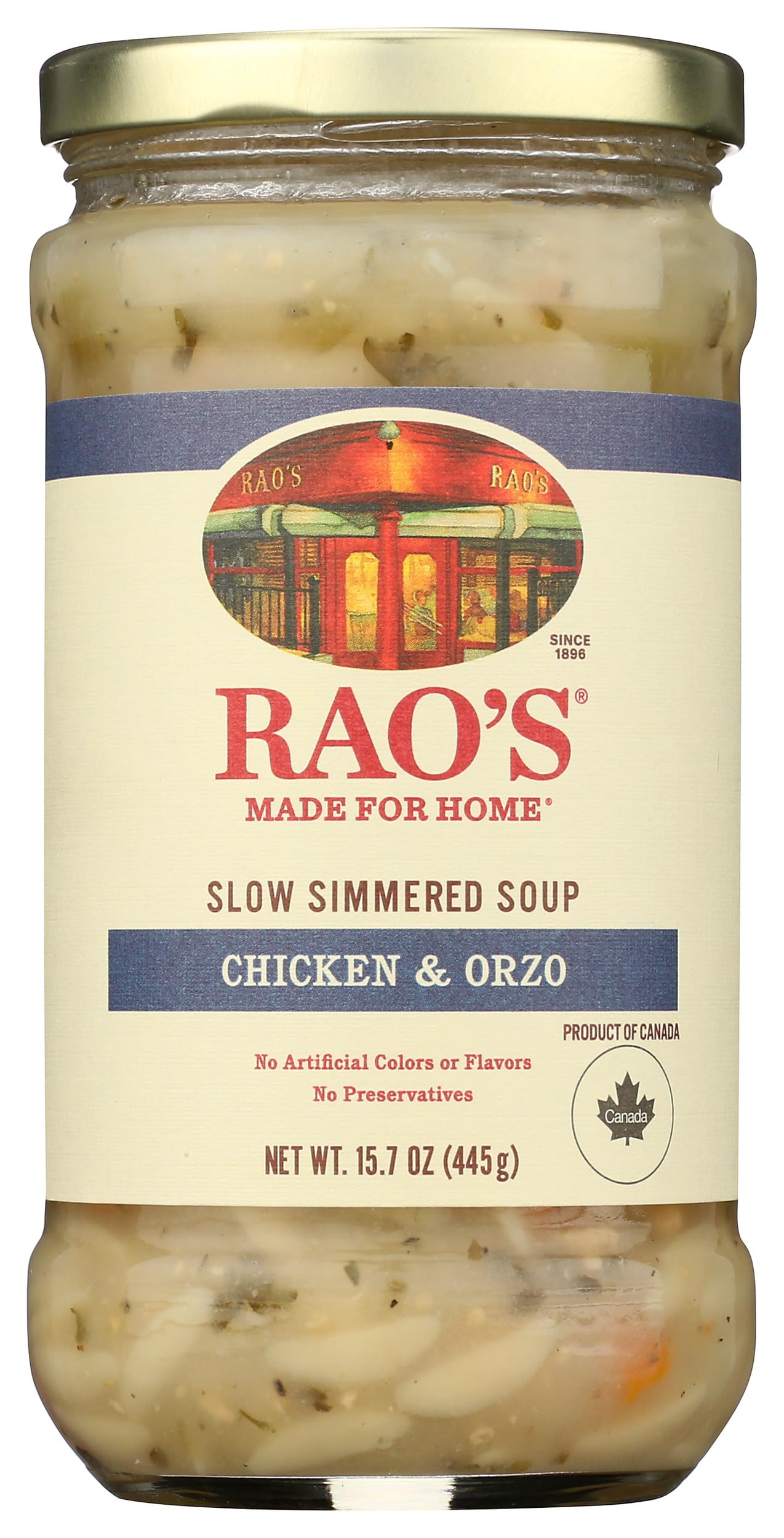 Rao's Homemade Chicken Orzo Soup 16oz can showcases premium ingredients for a comforting meal