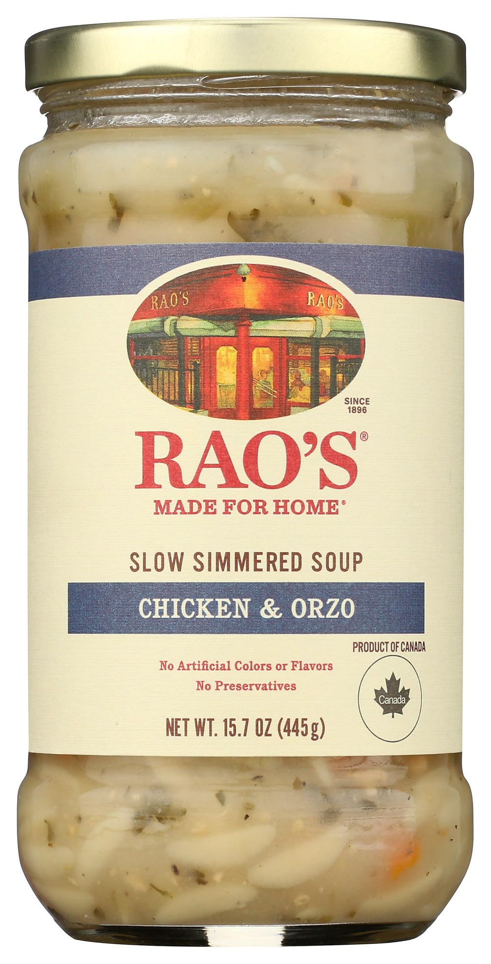 Rao's Homemade Chicken Orzo Soup 16oz can showcases premium ingredients for a comforting meal